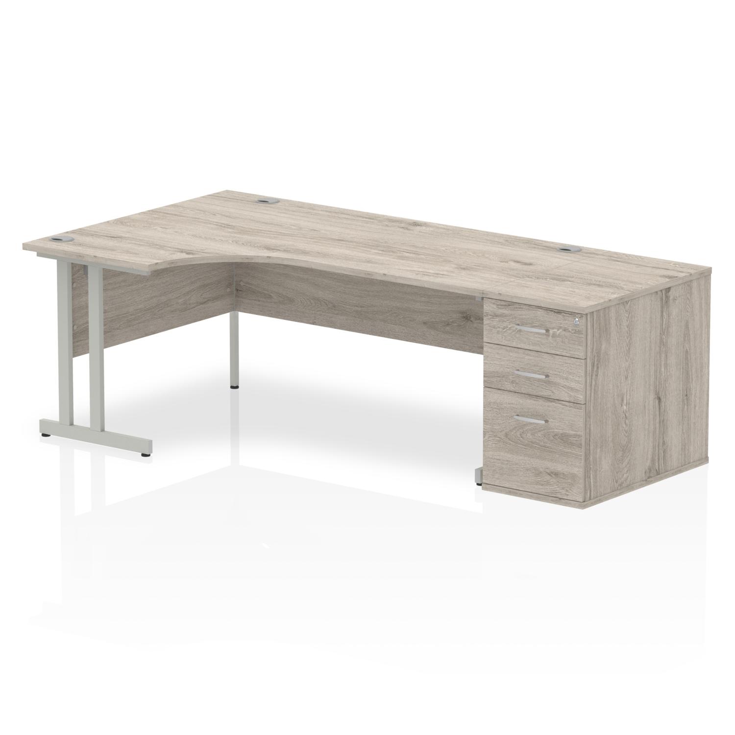 Impulse 1800mm Left Crescent Office Desk Grey Oak Top Silver Cantilever Leg Workstation 800 Deep Desk High Pedestal