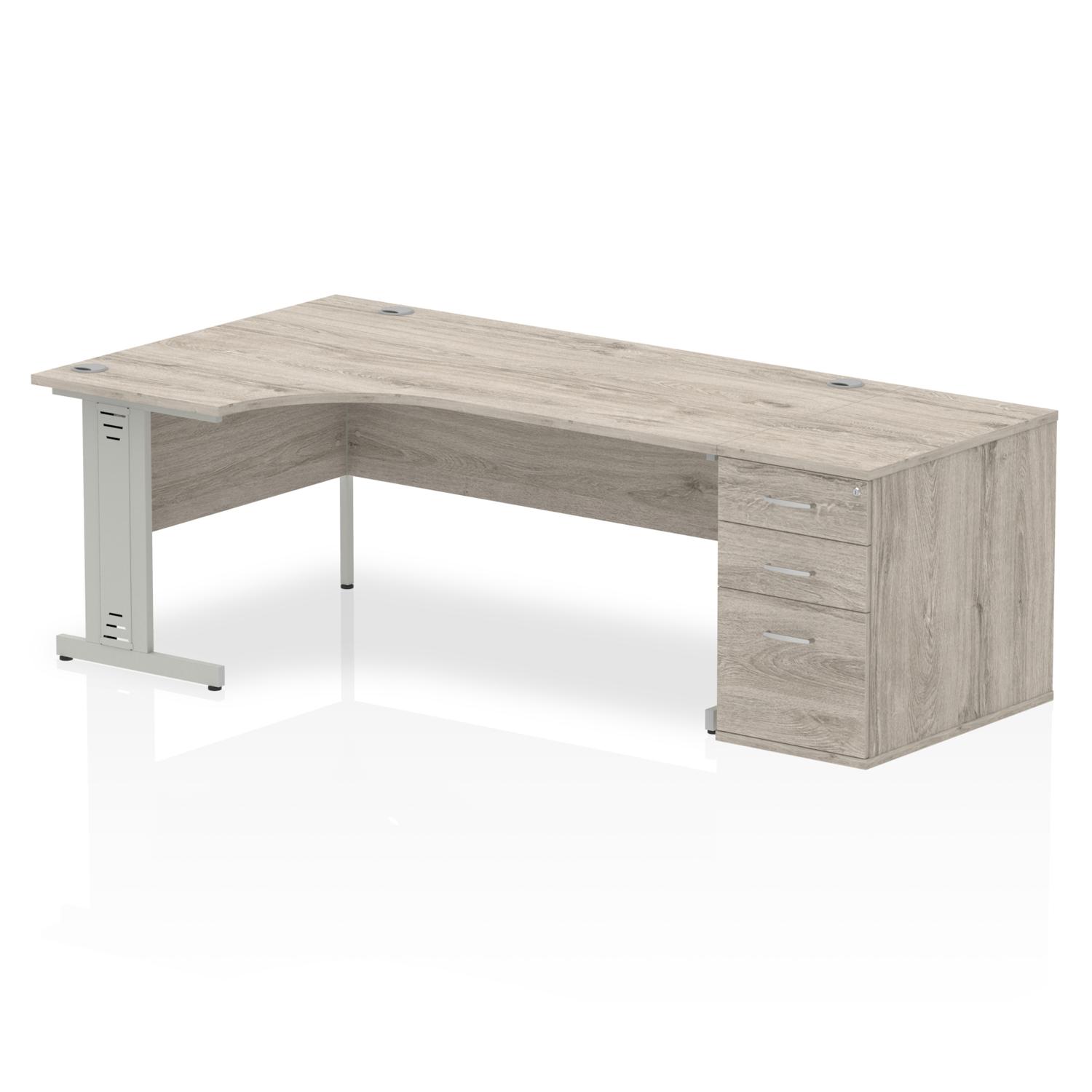 Impulse 1800mm Left Crescent Office Desk Grey Oak Top Silver Cable Managed Leg Workstation 800 Deep Desk High Pedestal