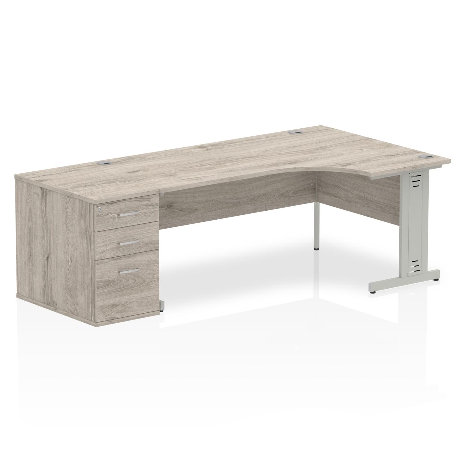 Impulse 1800mm Right Crescent Office Desk Grey Oak Top Silver Cable Managed Leg Workstation 800 Deep Desk High Pedestal