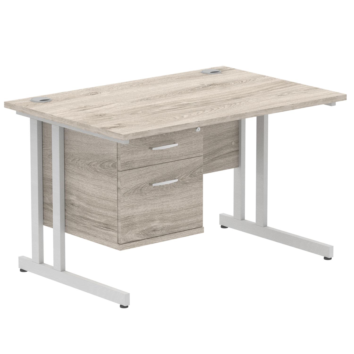Impulse 1200 x 800mm Straight Office Desk Grey Oak Top Silver Cantilever Leg Workstation 1 x 2 Drawer Fixed Pedestal