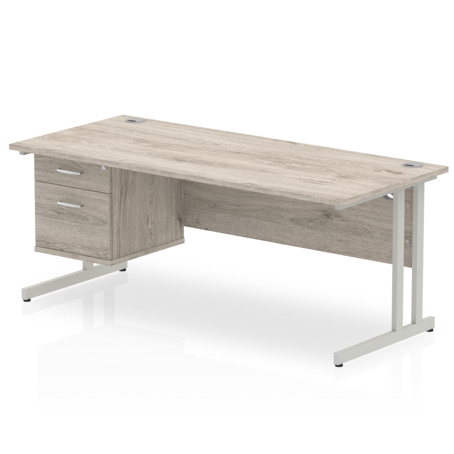 Impulse 1800 x 800mm Straight Office Desk Grey Oak Top Silver Cantilever Leg Workstation 1 x 2 Drawer Fixed Pedestal