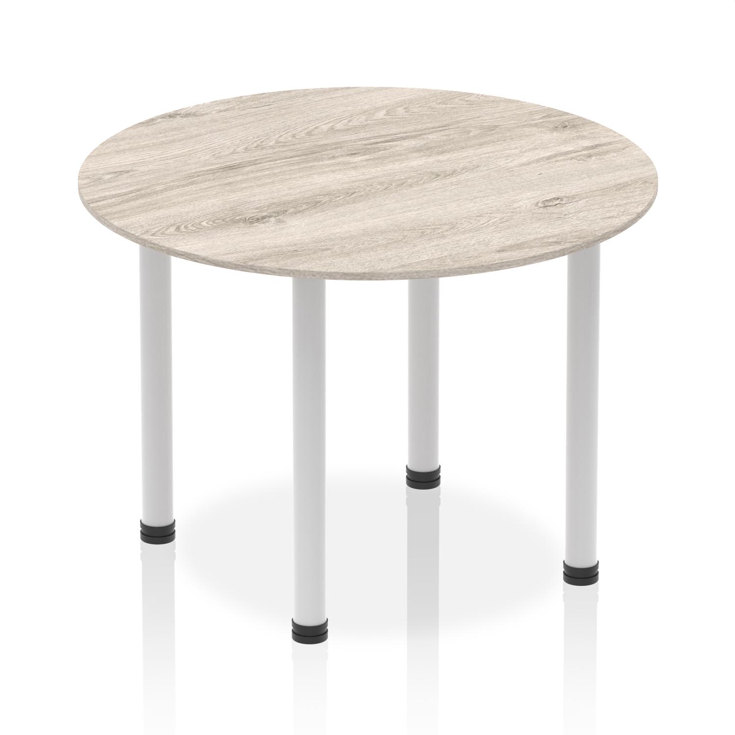 Impulse 1000mm Round Table Grey Oak Top Silver Post Leg