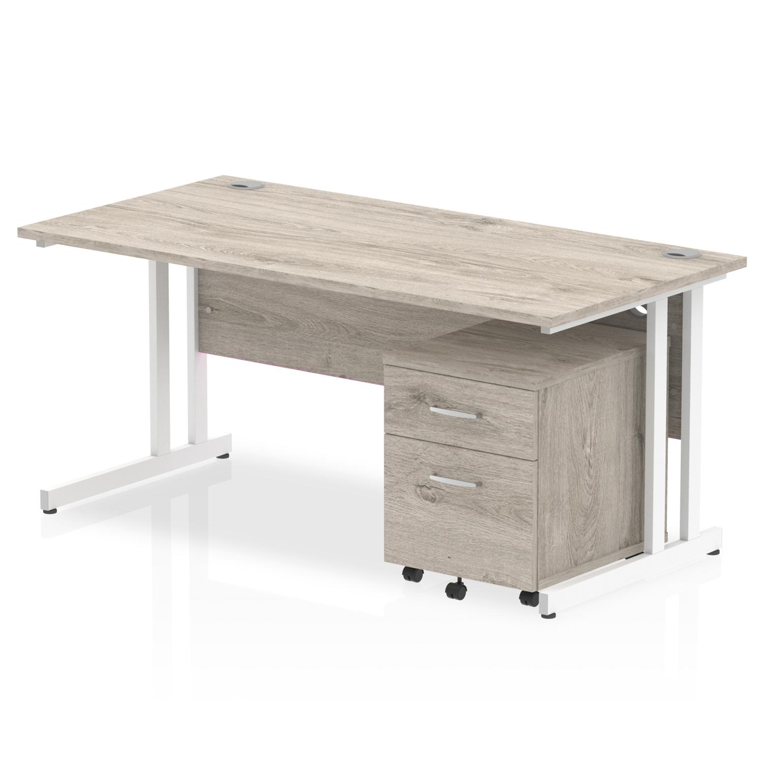 Impulse 1600 x 800mm Straight Office Desk Grey Oak Top White Cantilever Leg Workstation 2 Drawer Mobile Pedestal
