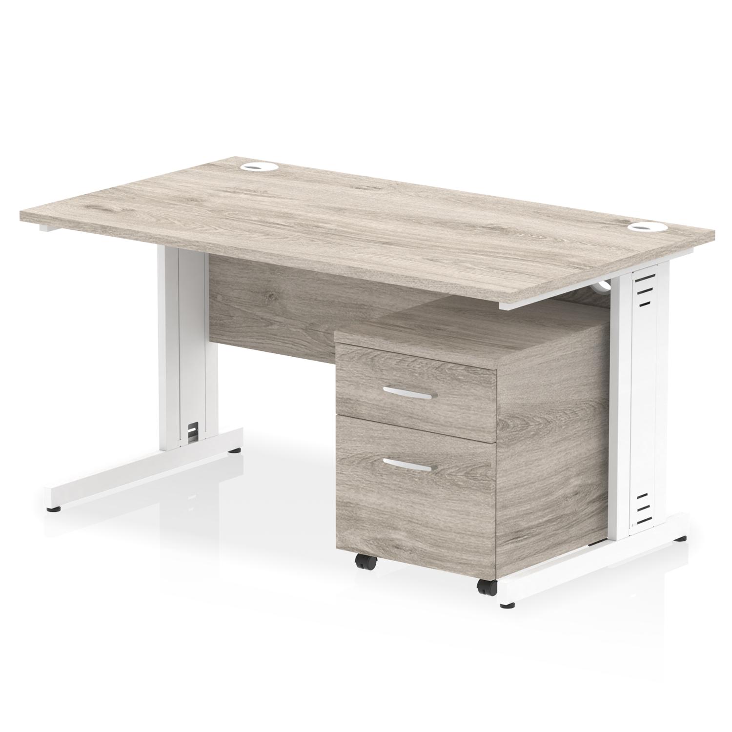 Impulse 1400 x 800mm Straight Office Desk Grey Oak Top White Cable Managed Leg Workstation 2 Drawer Mobile Pedestal