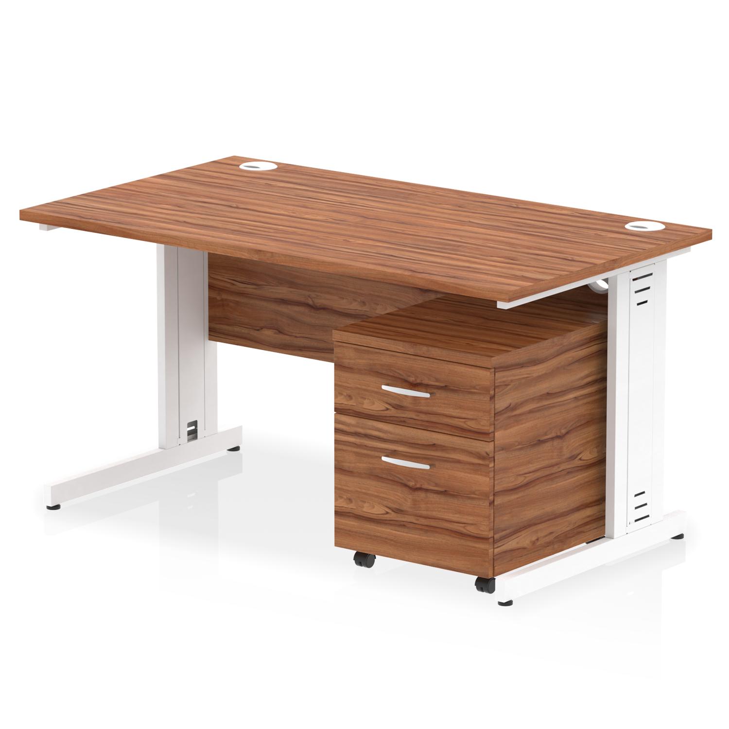 Impulse 1400 x 800mm Straight Office Desk Walnut Top White Cable Managed Leg Workstation 2 Drawer Mobile Pedestal