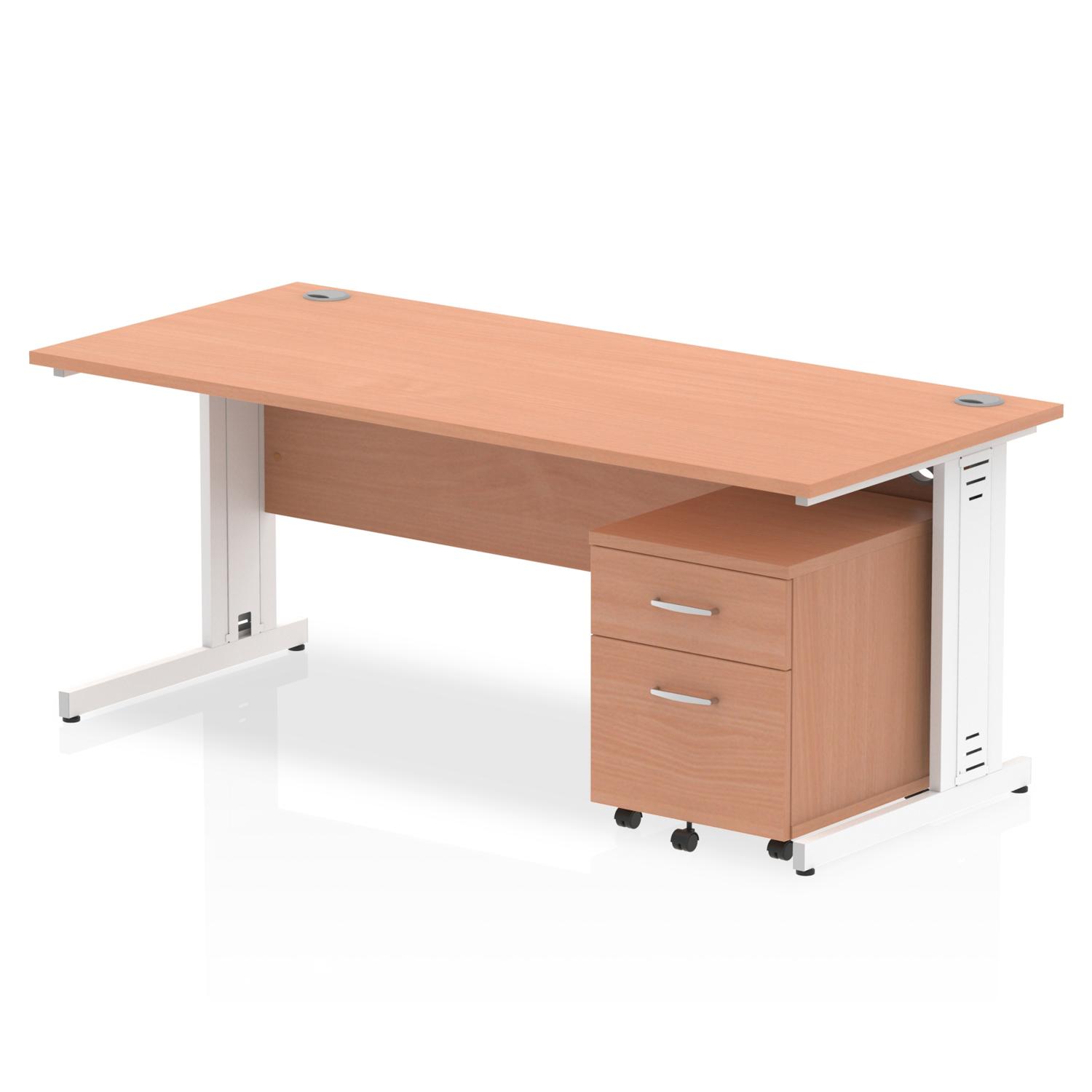 Impulse 1800 x 800mm Straight Office Desk Beech Top White Cable Managed Leg Workstation 2 Drawer Mobile Pedestal