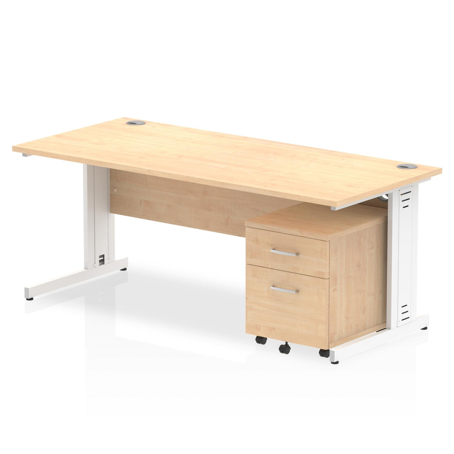 Impulse 1800 x 800mm Straight Office Desk Maple Top White Cable Managed Leg Workstation 2 Drawer Mobile Pedestal