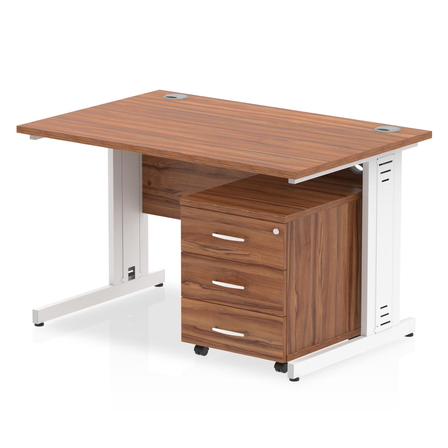 Impulse 1200 x 800mm Straight Office Desk Walnut Top White Cable Managed Leg Workstation 3 Drawer Mobile Pedestal