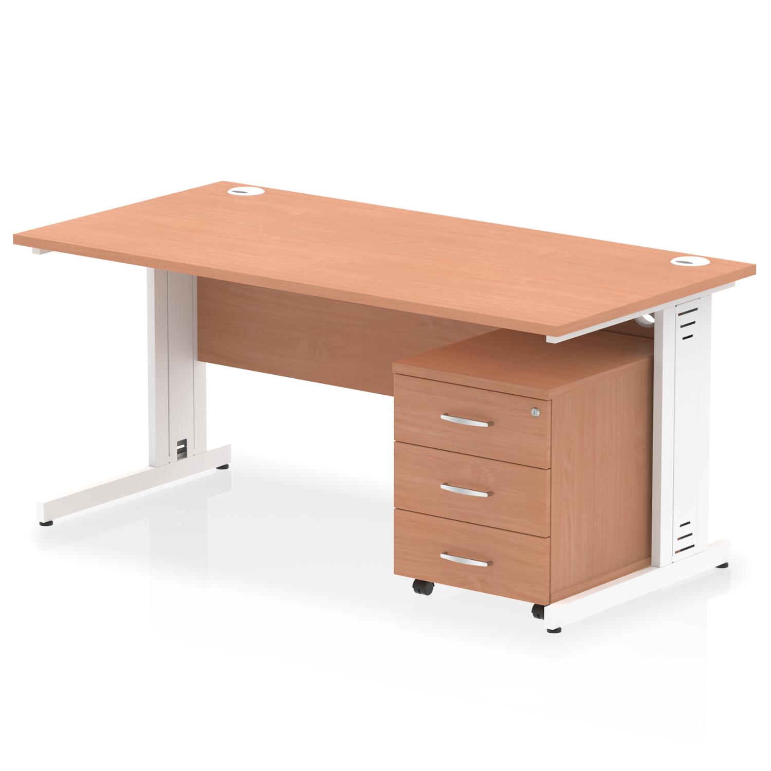 Impulse 1600 x 800mm Straight Office Desk Beech Top White Cable Managed Leg Workstation 3 Drawer Mobile Pedestal
