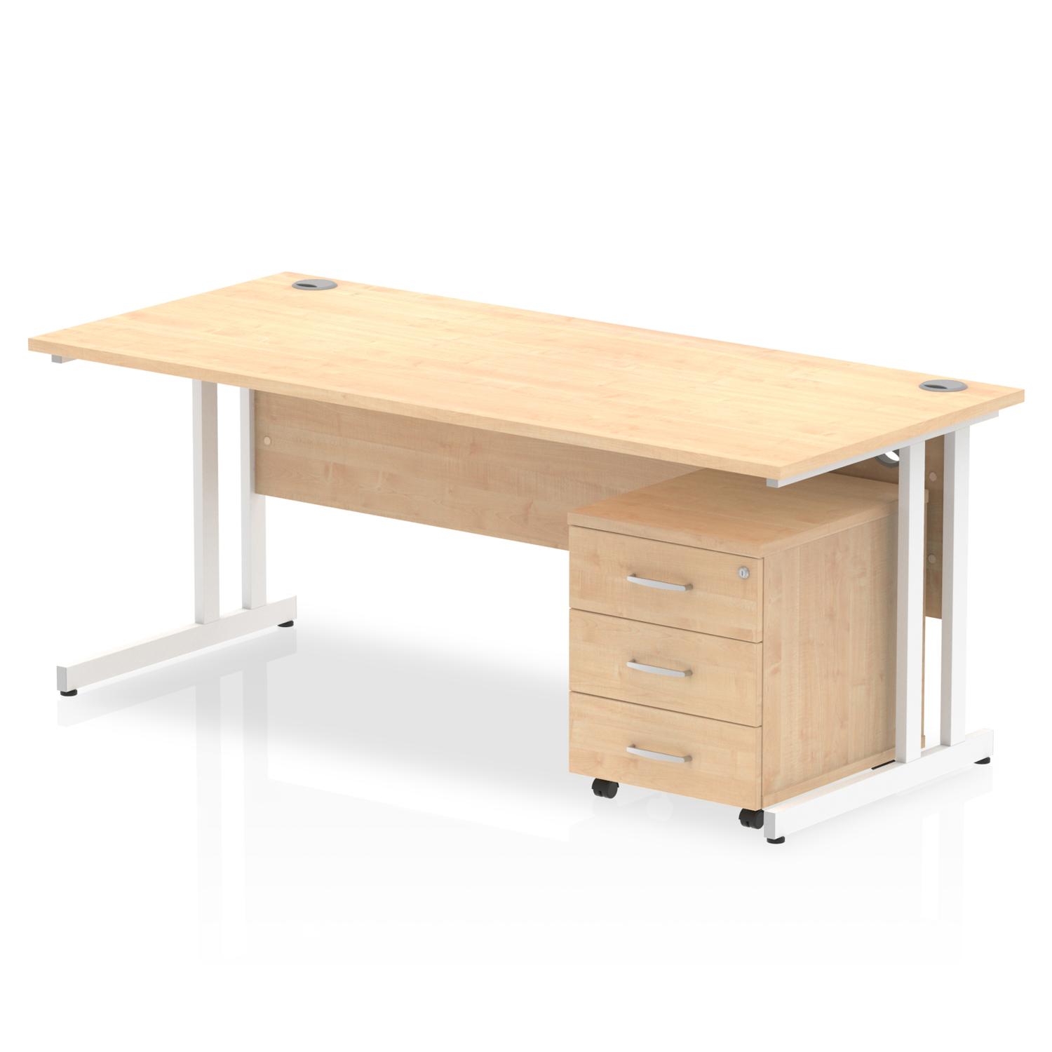 Impulse 1800 x 800mm Straight Office Desk Maple Top White Cantilever Leg Workstation 3 Drawer Mobile Pedestal