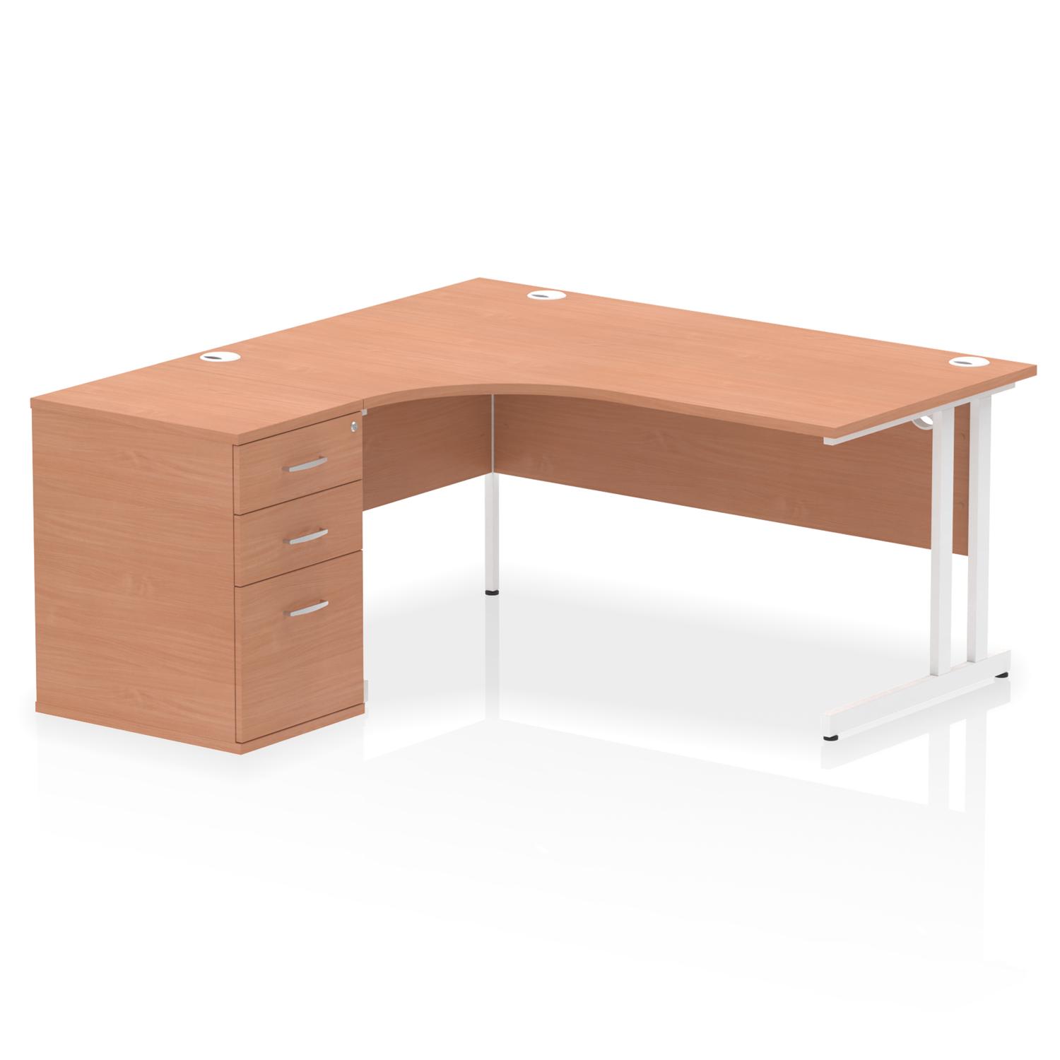 Impulse 1600mm Left Crescent Office Desk Beech Top White Cantilever Leg Workstation 600 Deep Desk High Pedestal