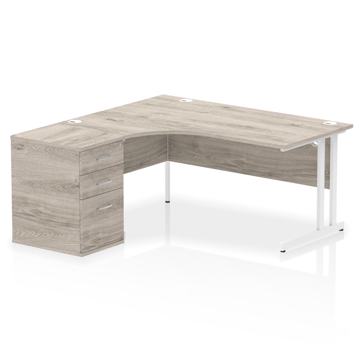Impulse 1600mm Left Crescent Office Desk Grey Oak Top White Cantilever Leg Workstation 600 Deep Desk High Pedestal