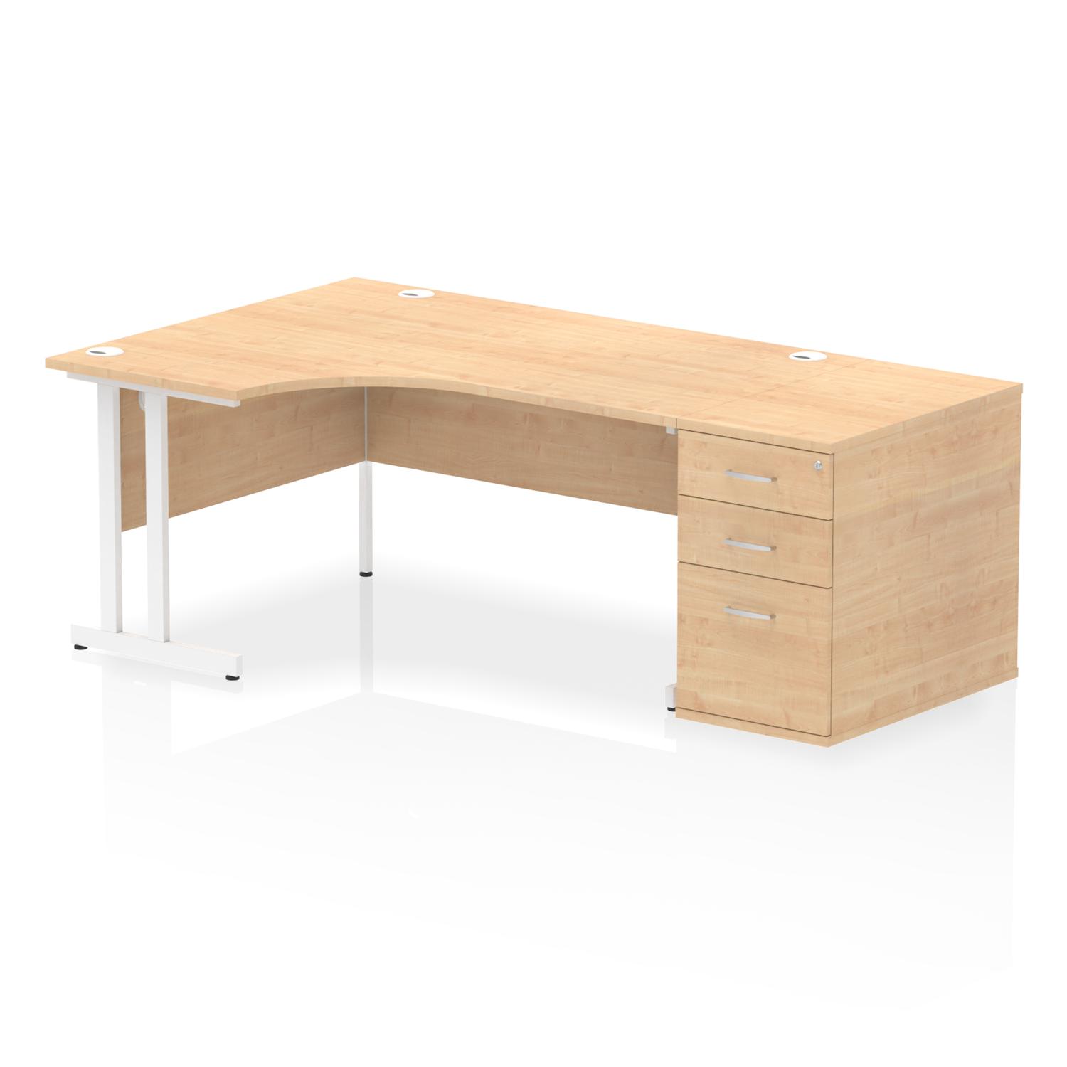 Impulse 1600mm Left Crescent Office Desk Maple Top White Cantilever Leg Workstation 800 Deep Desk High Pedestal