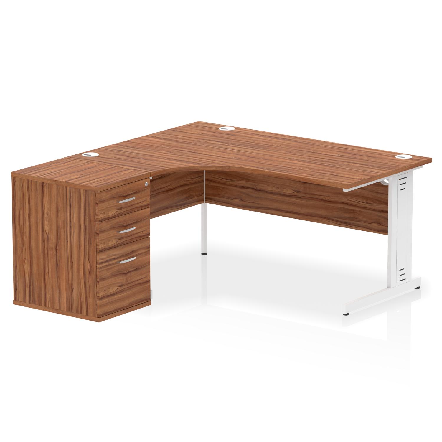 Impulse 1600mm Left Crescent Office Desk Walnut Top White Cable Managed Leg Workstation 600 Deep Desk High Pedestal