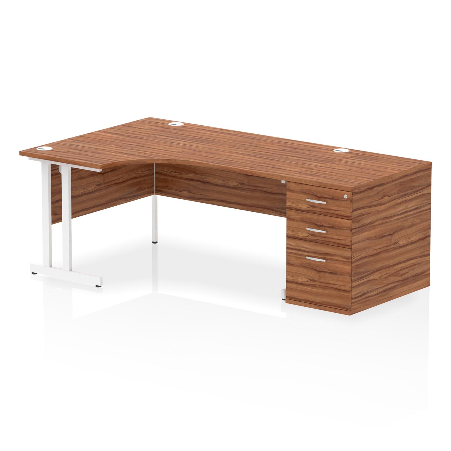 Impulse 1600mm Left Crescent Office Desk Walnut Top White Cantilever Leg Workstation 800 Deep Desk High Pedestal