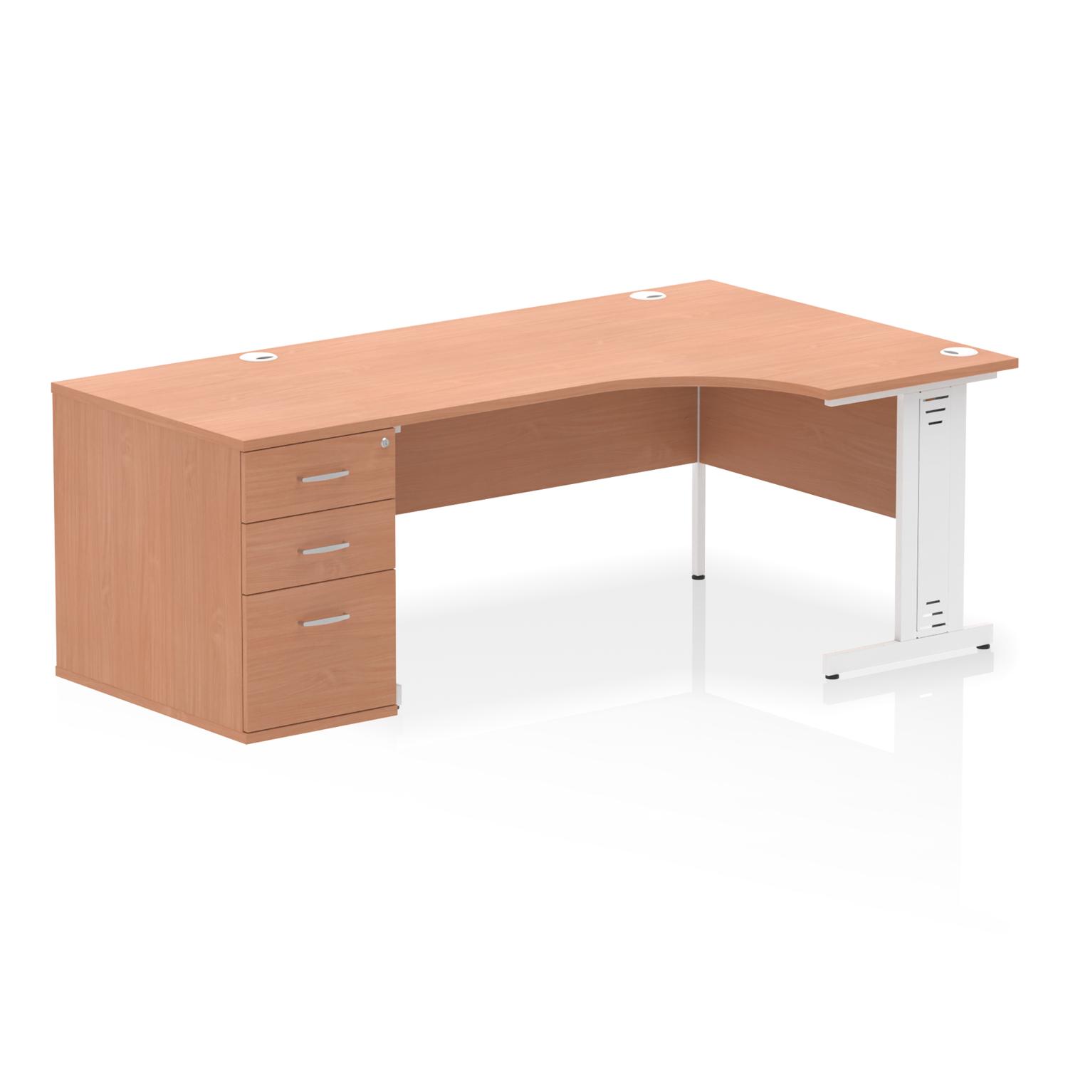 Impulse 1600mm Right Crescent Office Desk Beech Top White Cable Managed Leg Workstation 800 Deep Desk High Pedestal