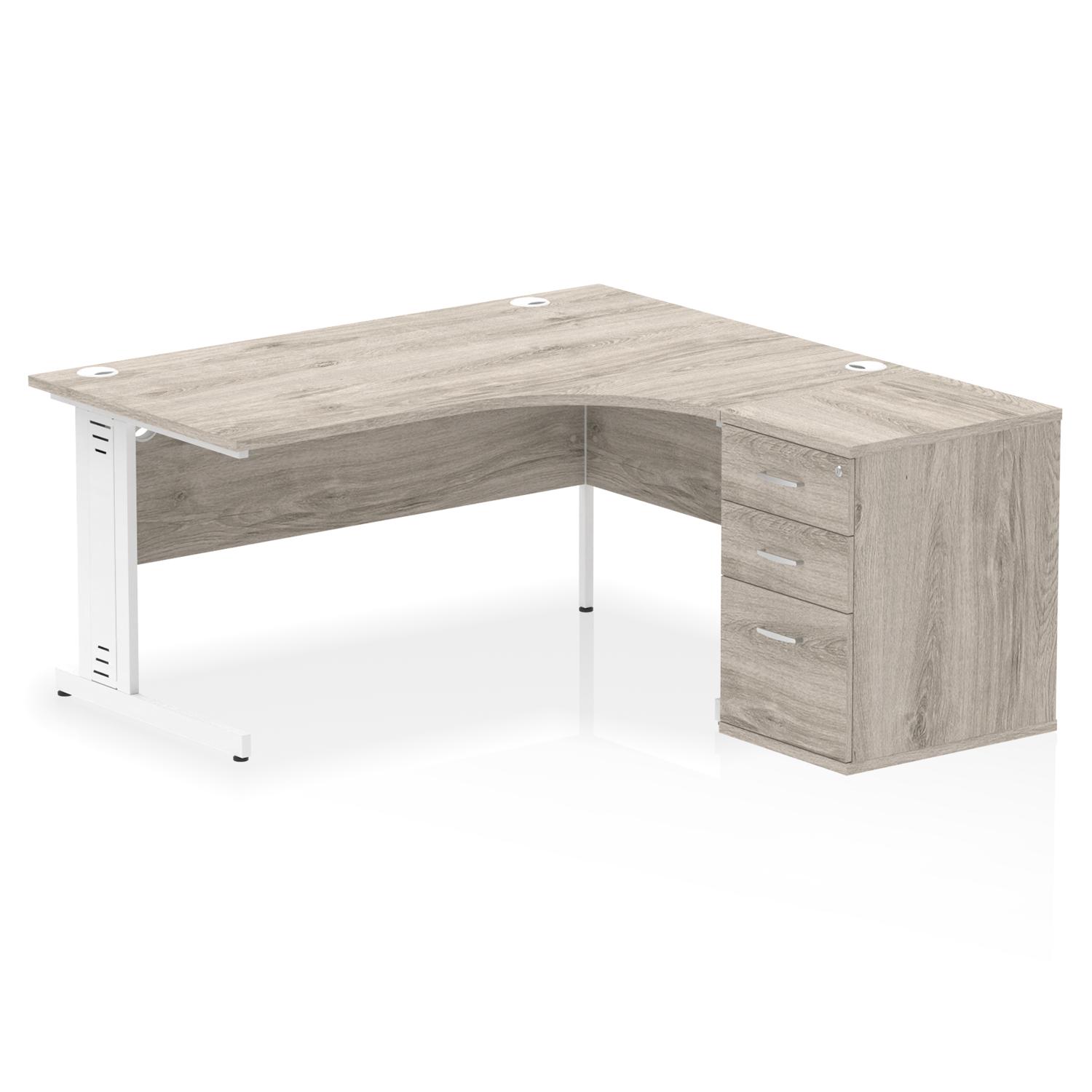 Impulse 1600mm Right Crescent Office Desk Grey Oak Top White Cable Managed Leg Workstation 600 Deep Desk High Pedestal