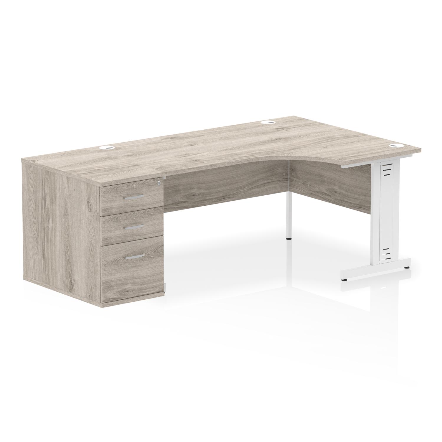 Impulse 1600mm Right Crescent Office Desk Grey Oak Top White Cable Managed Leg Workstation 800 Deep Desk High Pedestal