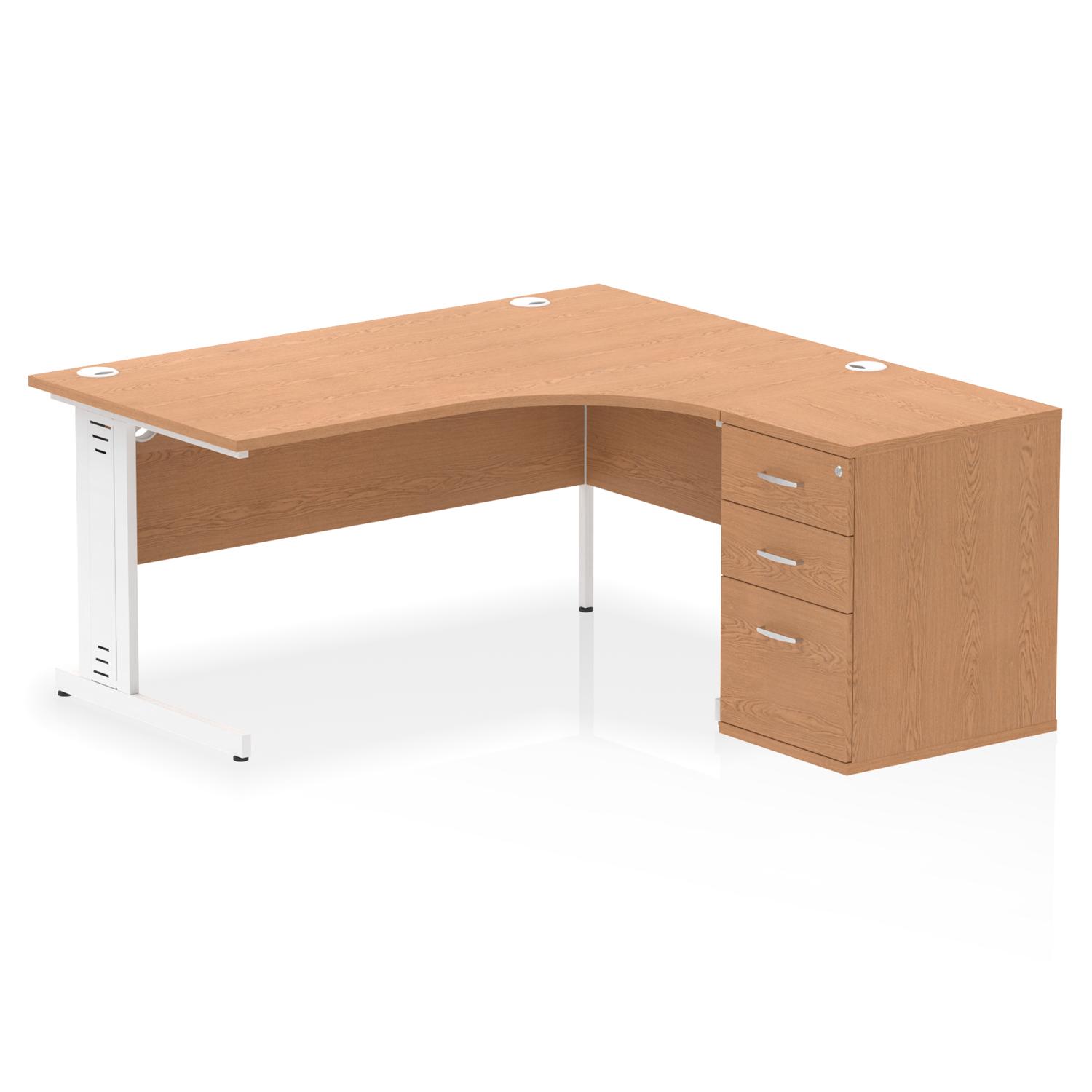 Impulse 1600mm Right Crescent Office Desk Oak Top White Cable Managed Leg Workstation 600 Deep Desk High Pedestal