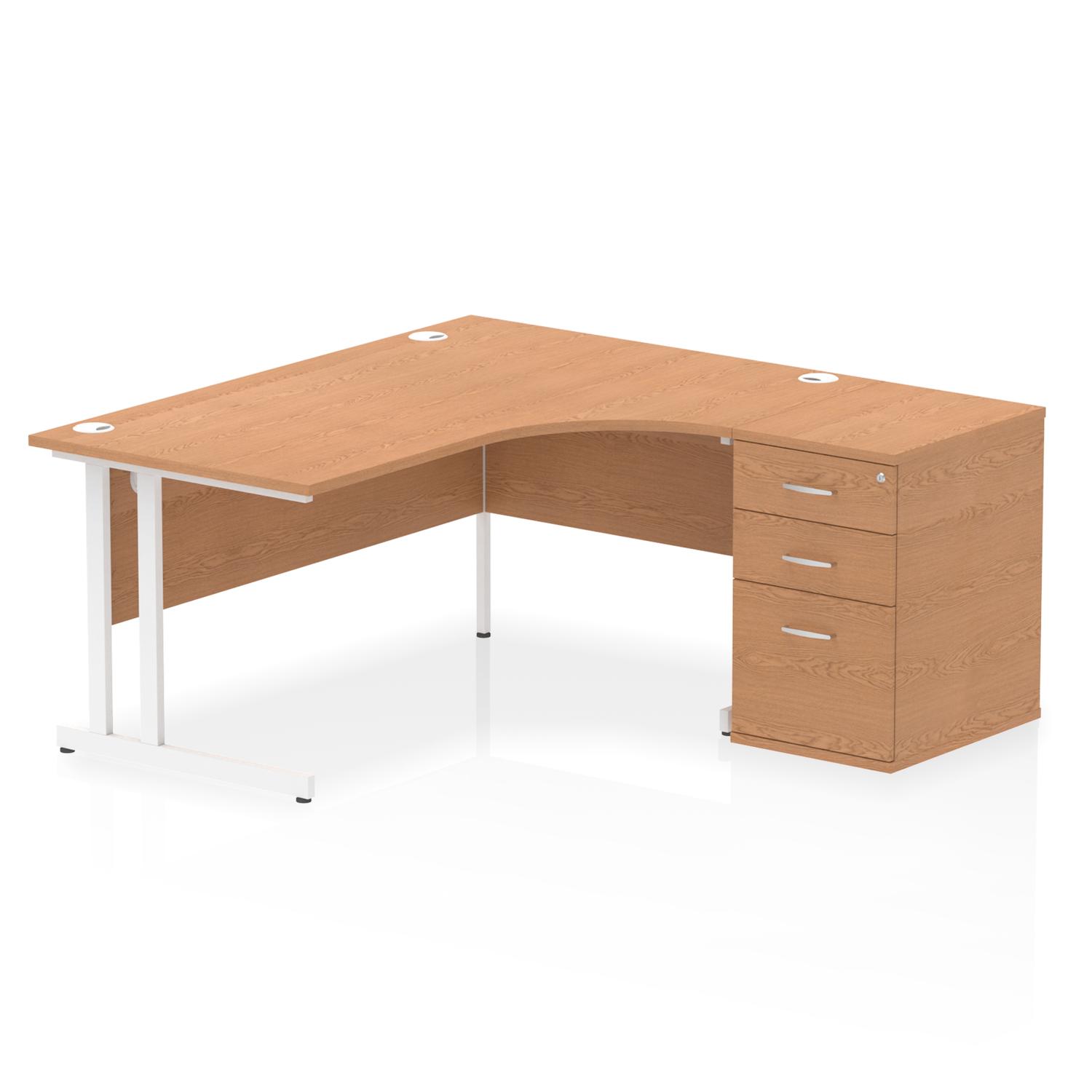 Impulse 1600mm Right Crescent Office Desk Oak Top White Cantilever Leg Workstation 600 Deep Desk High Pedestal