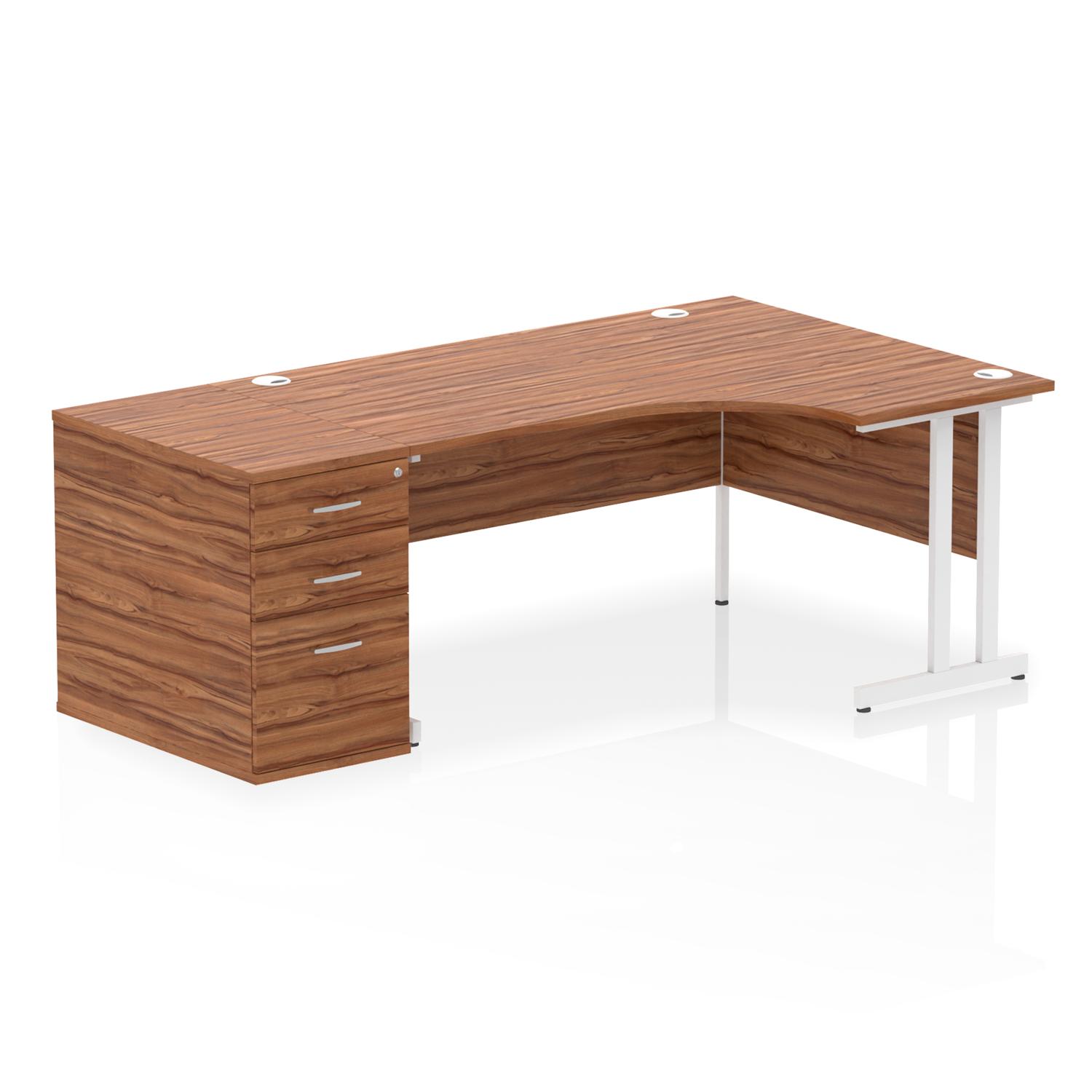 Impulse 1600mm Right Crescent Office Desk Walnut Top White Cantilever Leg Workstation 800 Deep Desk High Pedestal