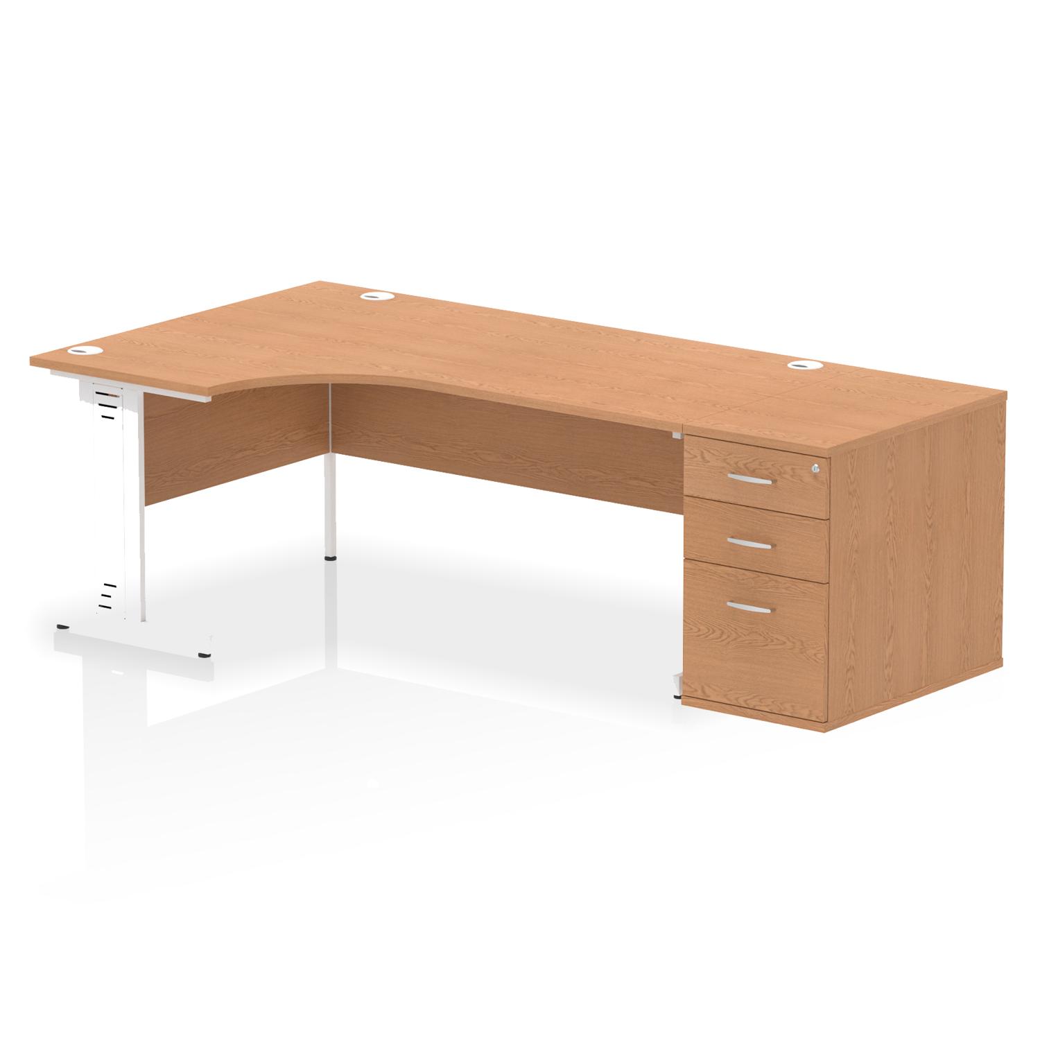 Impulse 1800mm Left Crescent Office Desk Oak Top White Cable Managed Leg Workstation 800 Deep Desk High Pedestal