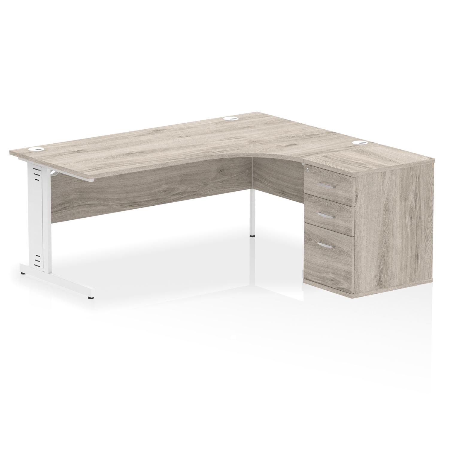 Impulse 1800mm Right Crescent Office Desk Grey Oak Top White Cable Managed Leg Workstation 600 Deep Desk High Pedestal
