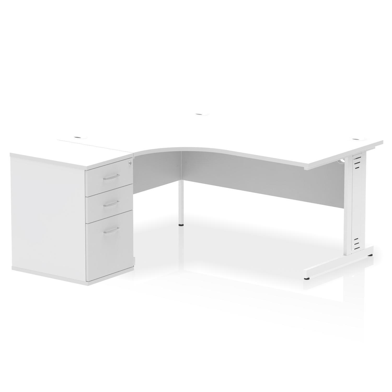 Impulse 1600mm Left Crescent Office Desk White Top White Cable Managed Leg Workstation 600 Deep Desk High Pedestal