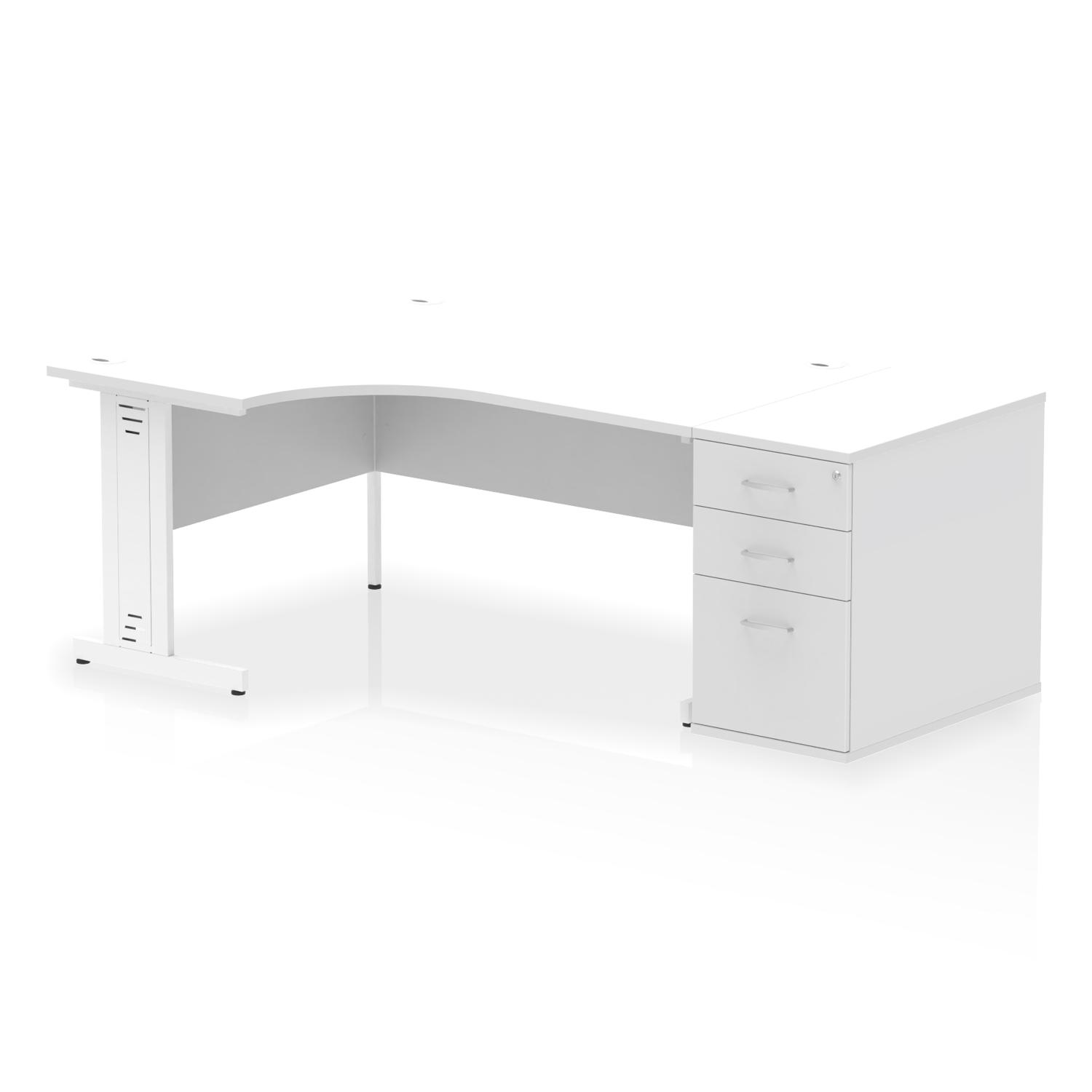 Impulse 1600mm Left Crescent Office Desk White Top White Cable Managed Leg Workstation 800 Deep Desk High Pedestal
