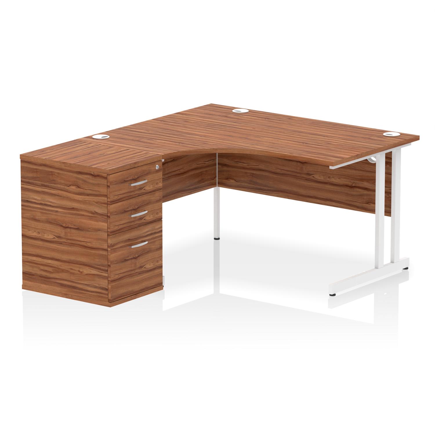 Impulse 1400mm Left Crescent Office Desk Walnut Top White Cantilever Leg Workstation 600 Deep Desk High Pedestal