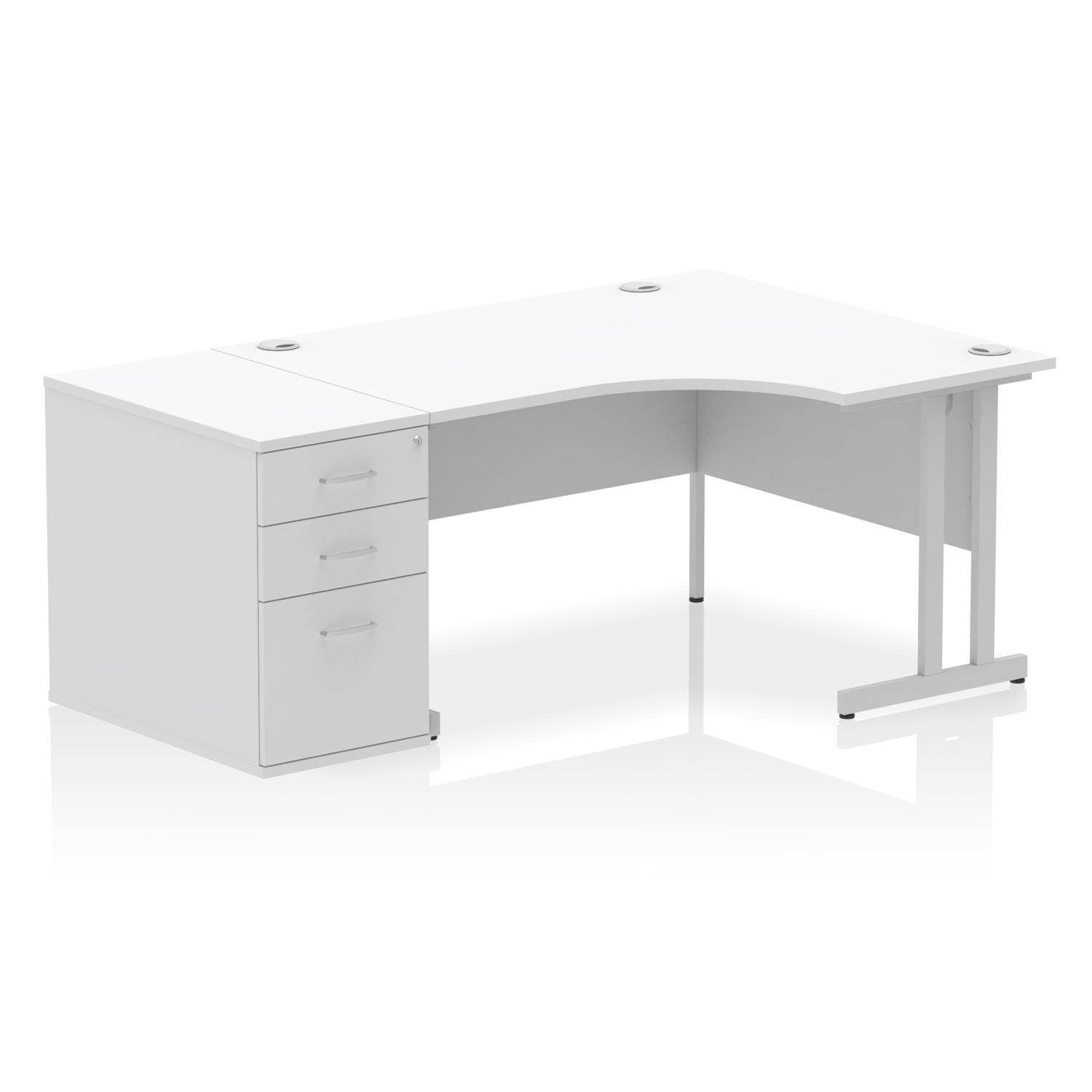 Impulse 1400mm Right Crescent Office Desk White Top Silver Cantilever Leg Workstation 800 Deep Desk High Pedestal