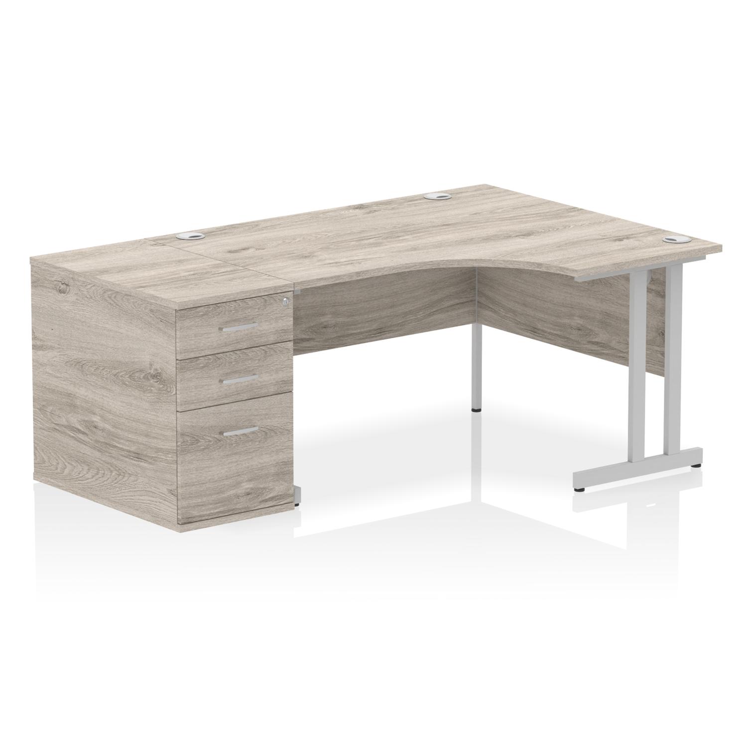 Impulse 1400mm Right Crescent Office Desk Grey Oak Top Silver Cantilever Leg Workstation 800 Deep Desk High Pedestal
