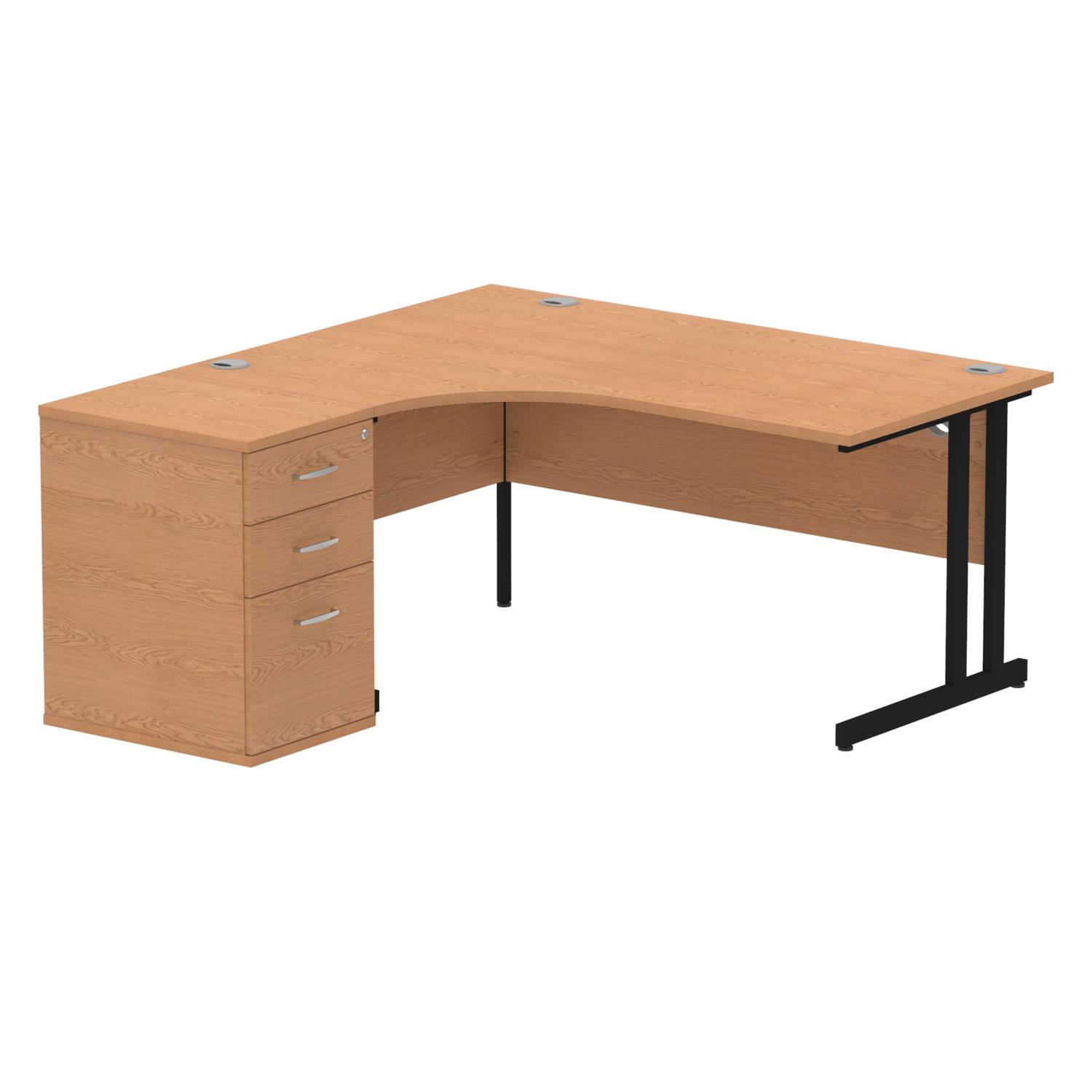 Impulse 1600mm Left Crescent Office Desk Oak Top Black Cantilever Leg Workstation 600 Deep Desk High Pedestal