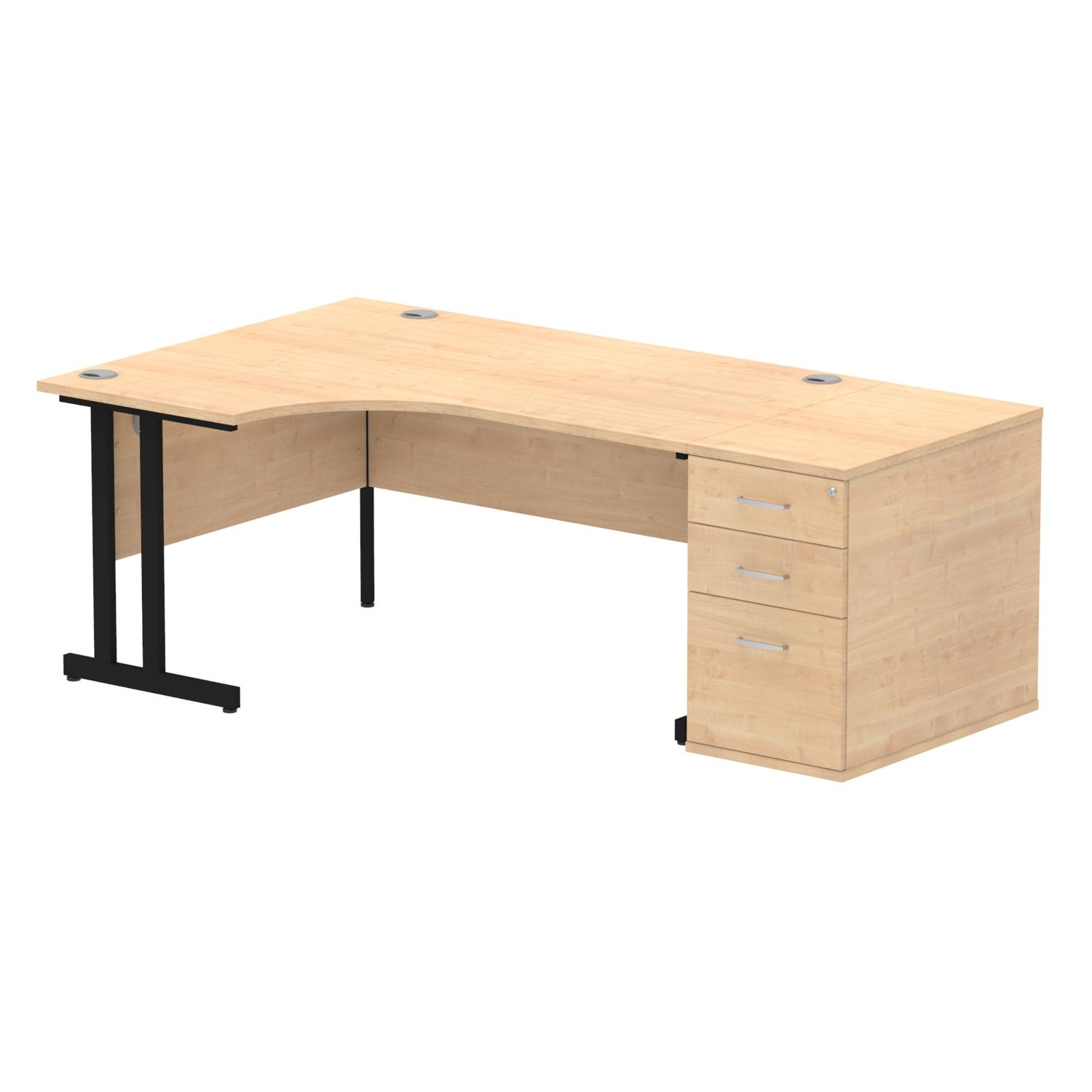 Impulse 1600mm Left Crescent Office Desk Maple Top Black Cantilever Leg Workstation 800 Deep Desk High Pedestal