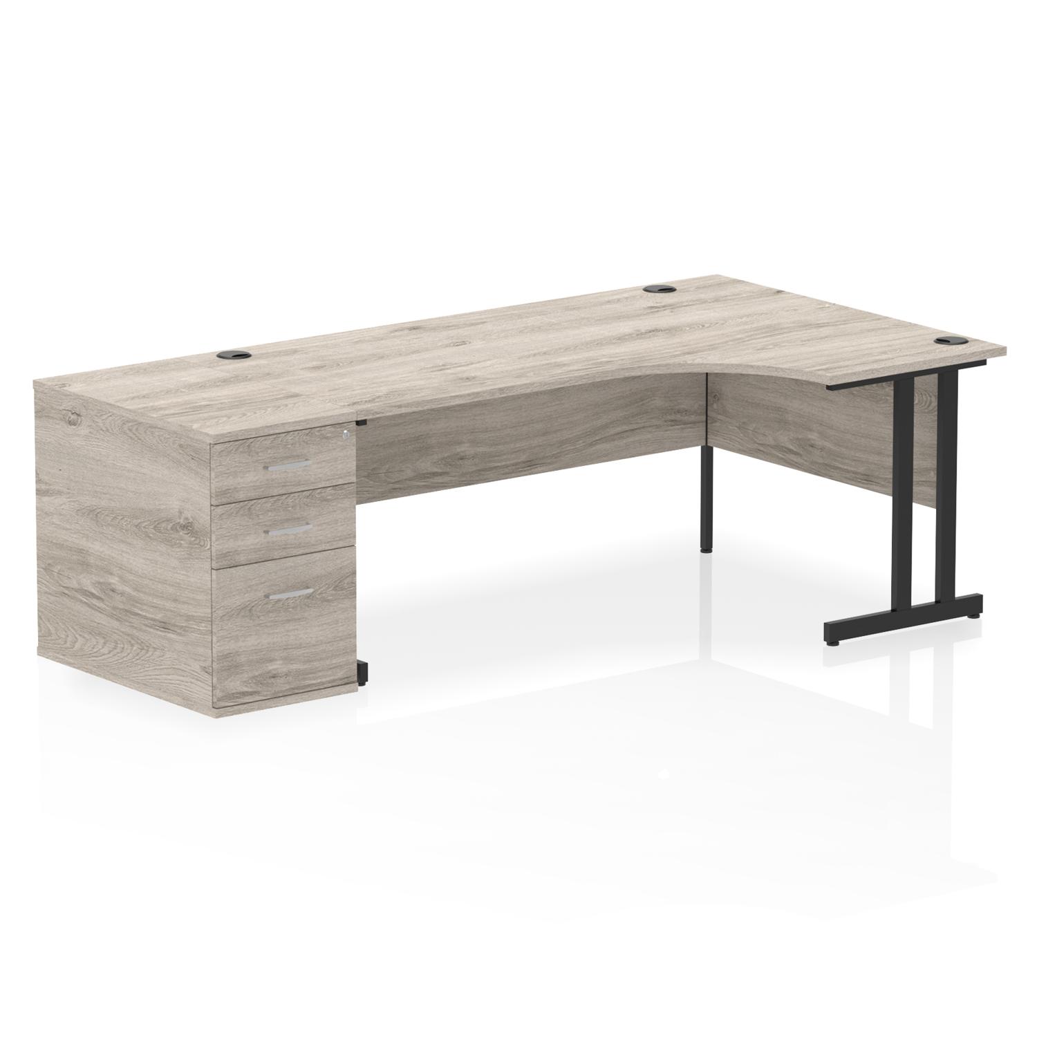 Impulse 1800mm Right Crescent Office Desk Grey Oak Top Black Cantilever Leg Workstation 800 Deep Desk High Pedestal
