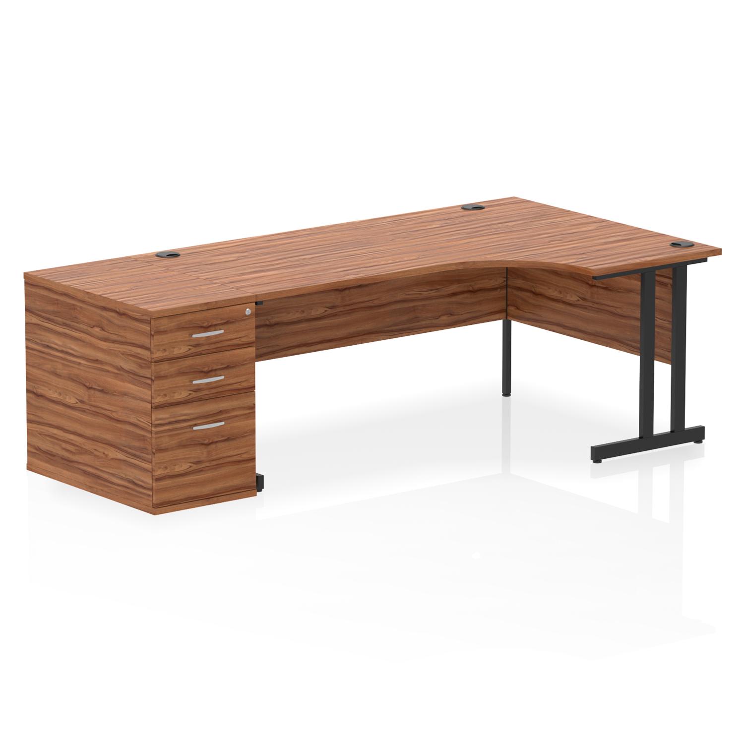 Impulse 1800mm Right Crescent Office Desk Walnut Top Black Cantilever Leg Workstation 800 Deep Desk High Pedestal