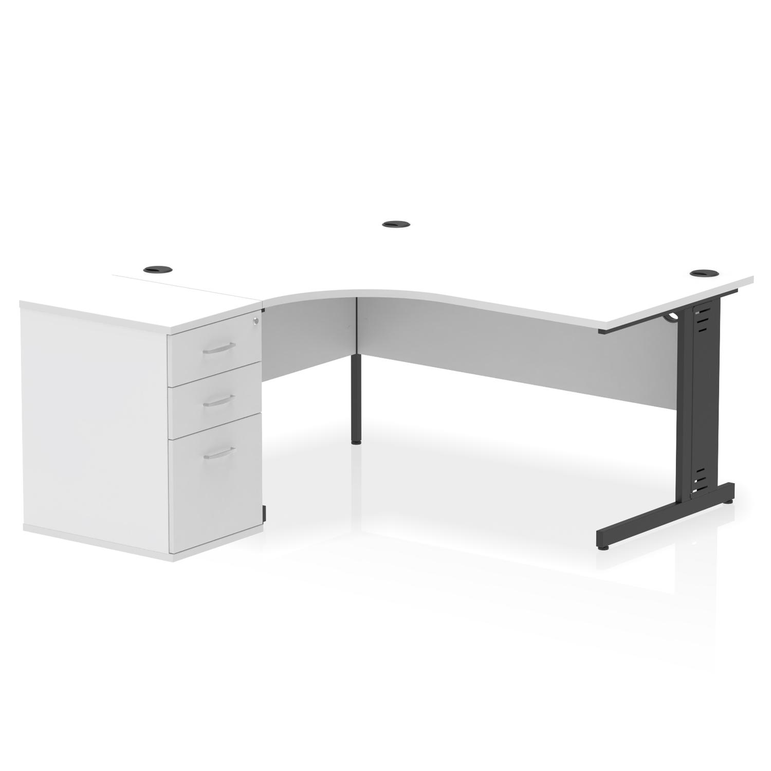 Impulse 1600mm Left Crescent Office Desk White Top Black Cable Managed Leg Workstation 600 Deep Desk High Pedestal