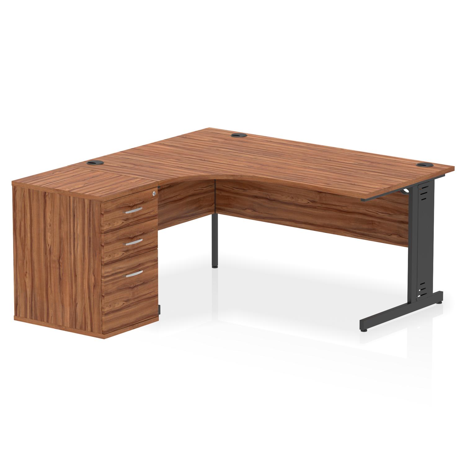 Impulse 1600mm Left Crescent Office Desk Walnut Top Black Cable Managed Leg Workstation 600 Deep Desk High Pedestal