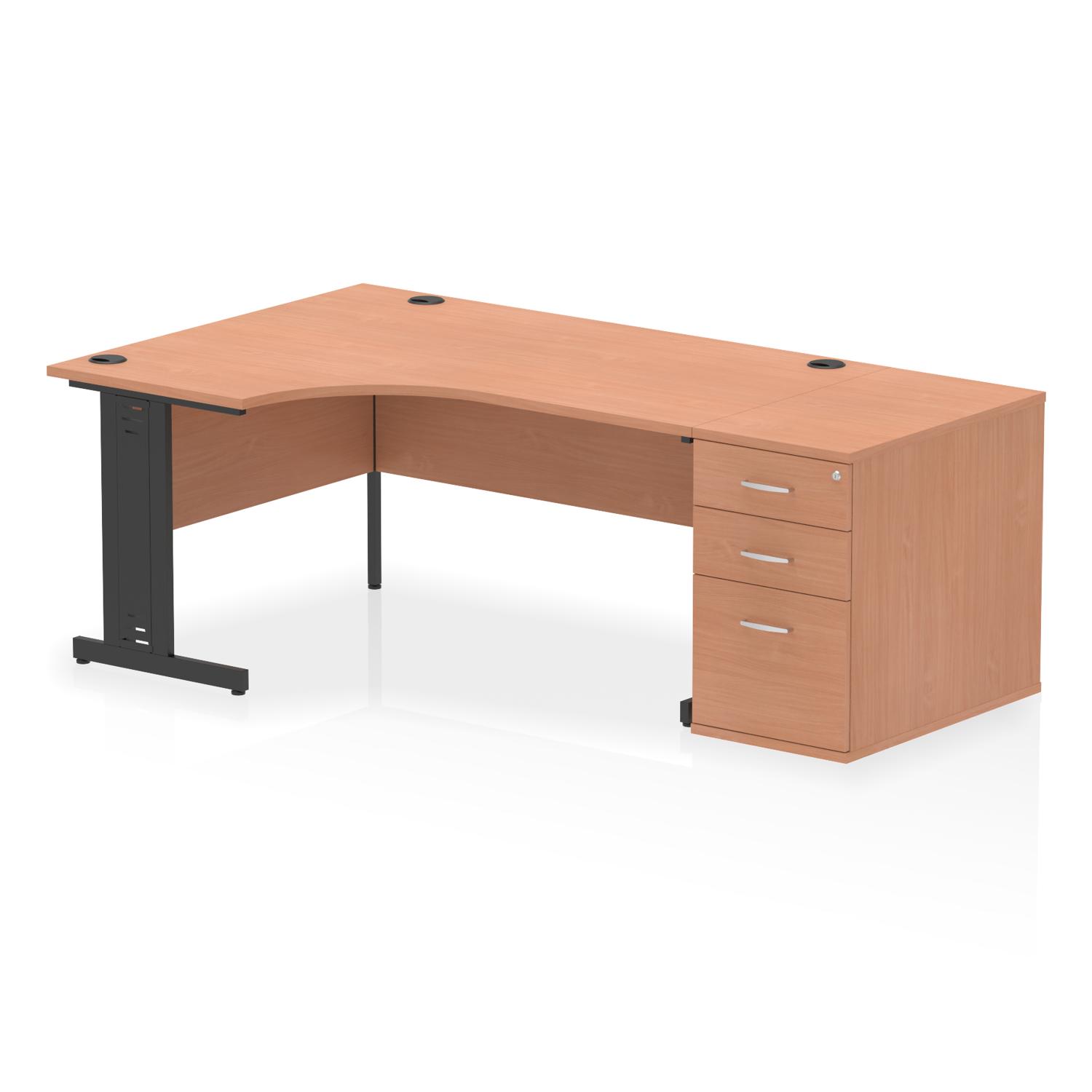 Impulse 1600mm Left Crescent Office Desk Beech Top Black Cable Managed Leg Workstation 800 Deep Desk High Pedestal
