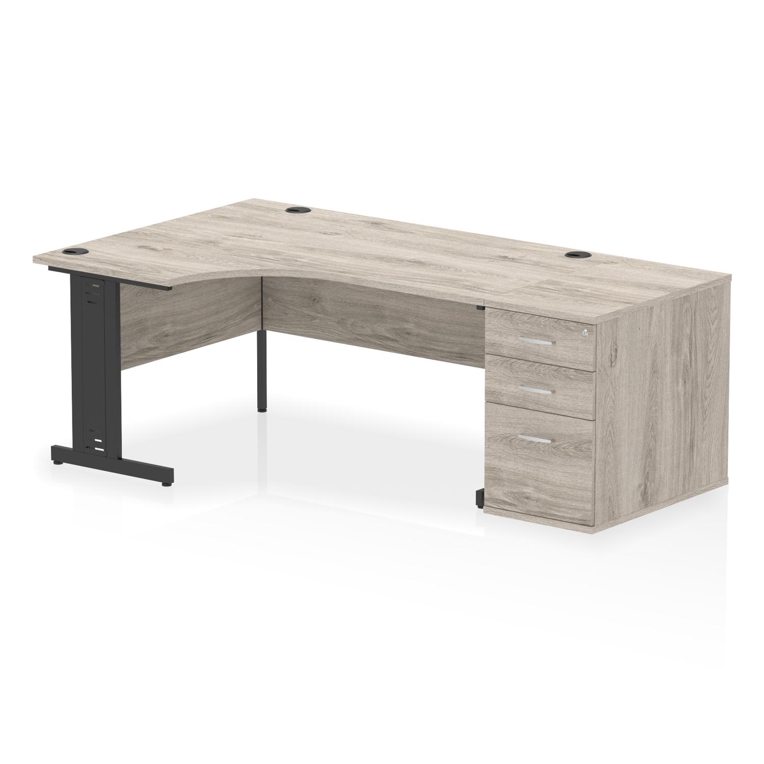 Impulse 1600mm Left Crescent Office Desk Grey Oak Top Black Cable Managed Leg Workstation 800 Deep Desk High Pedestal