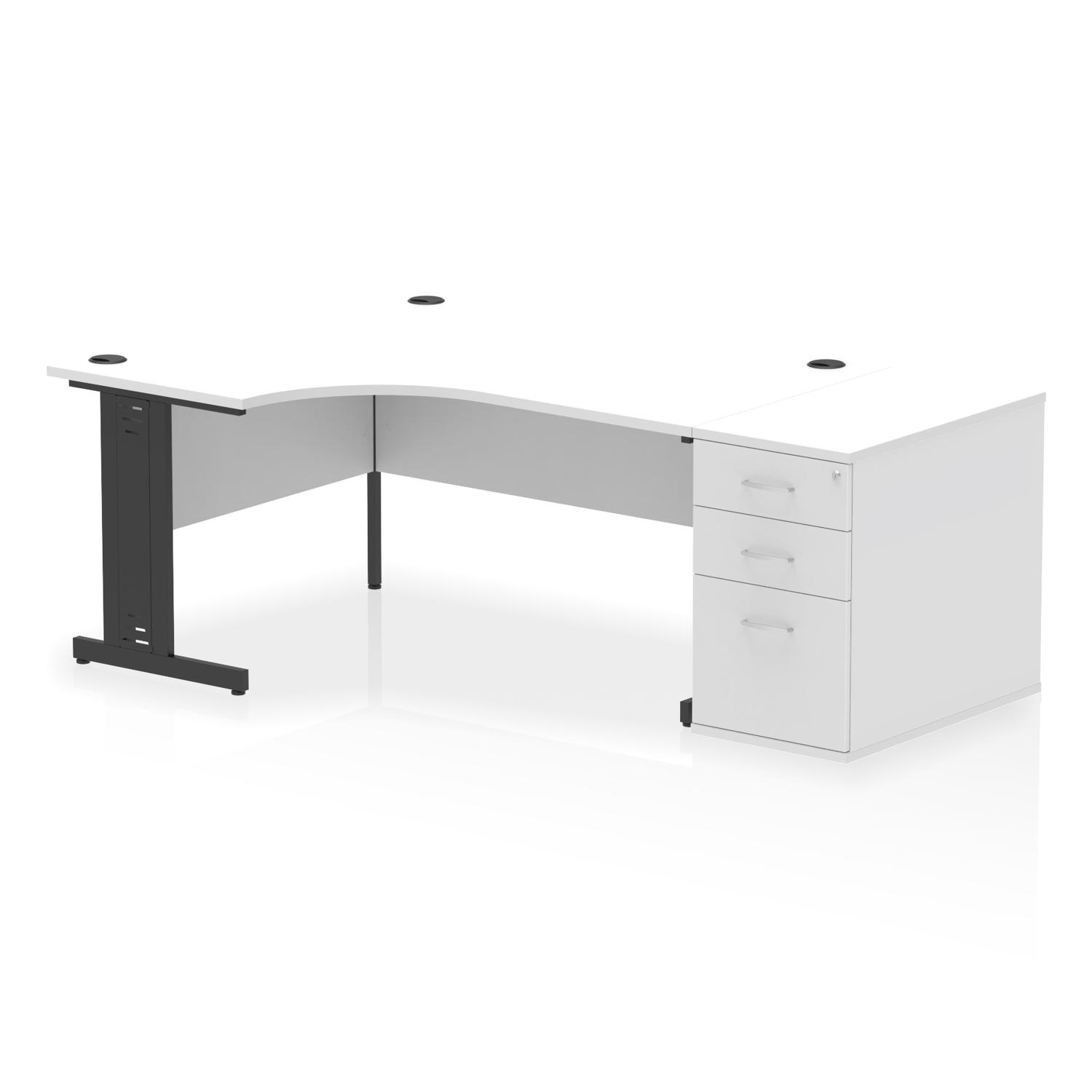 Impulse 1600mm Left Crescent Office Desk White Top Black Cable Managed Leg Workstation 800 Deep Desk High Pedestal