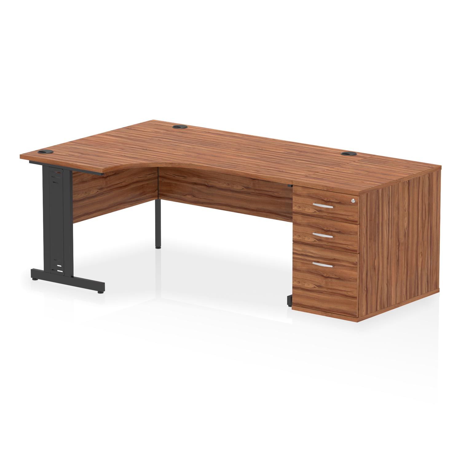 Impulse 1600mm Left Crescent Office Desk Walnut Top Black Cable Managed Leg Workstation 800 Deep Desk High Pedestal