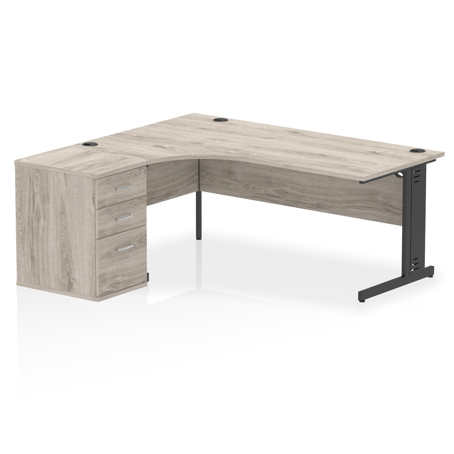 Impulse 1800mm Left Crescent Office Desk Grey Oak Top Black Cable Managed Leg Workstation 600 Deep Desk High Pedestal