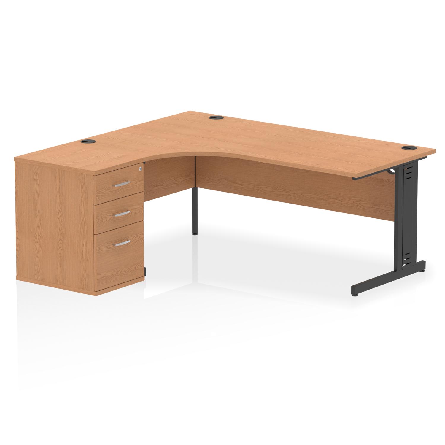 Impulse 1800mm Left Crescent Office Desk Oak Top Black Cable Managed Leg Workstation 600 Deep Desk High Pedestal