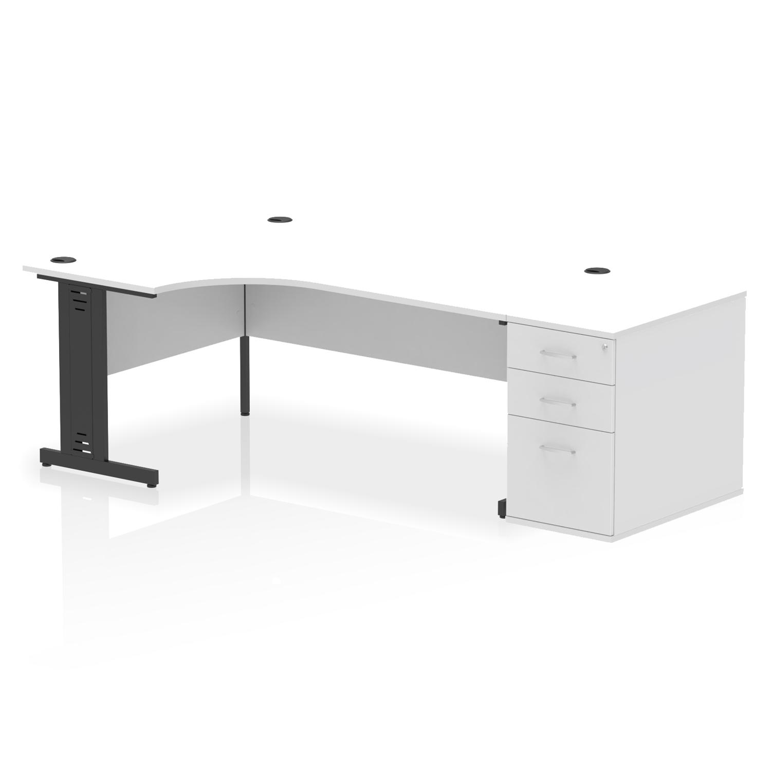 Impulse 1800mm Left Crescent Office Desk White Top Black Cable Managed Leg Workstation 800 Deep Desk High Pedestal