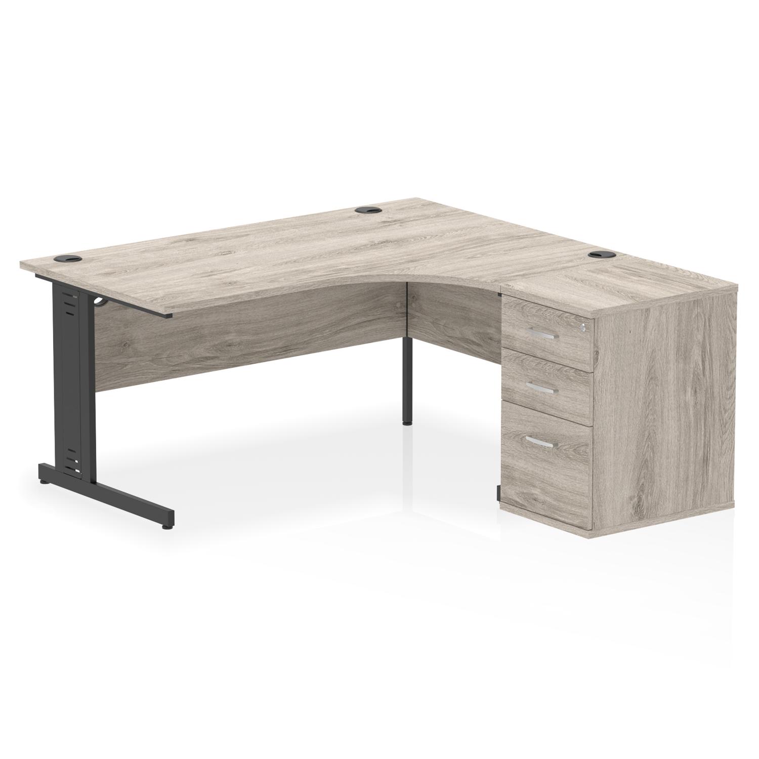 Impulse 1600mm Right Crescent Office Desk Grey Oak Top Black Cable Managed Leg Workstation 600 Deep Desk High Pedestal