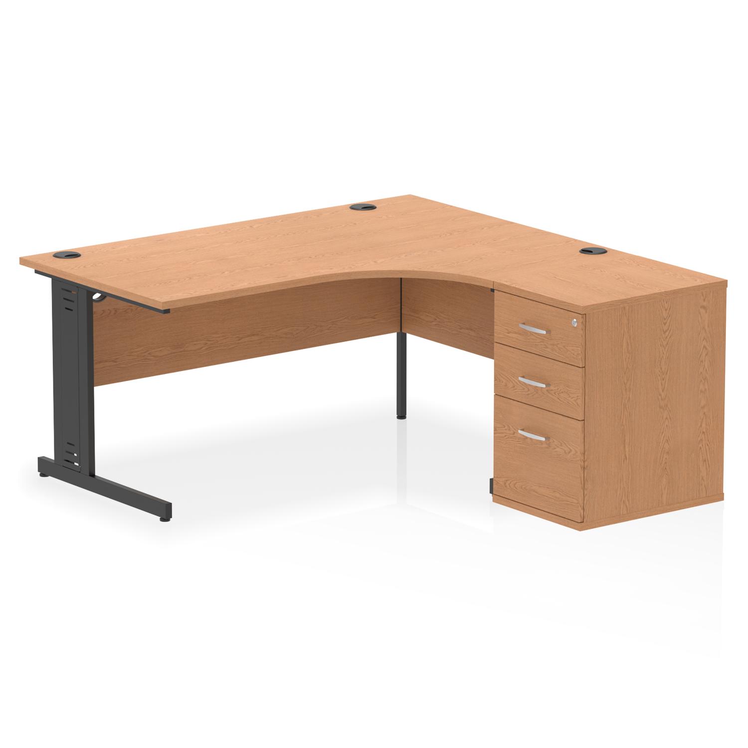Impulse 1600mm Right Crescent Office Desk Oak Top Black Cable Managed Leg Workstation 600 Deep Desk High Pedestal