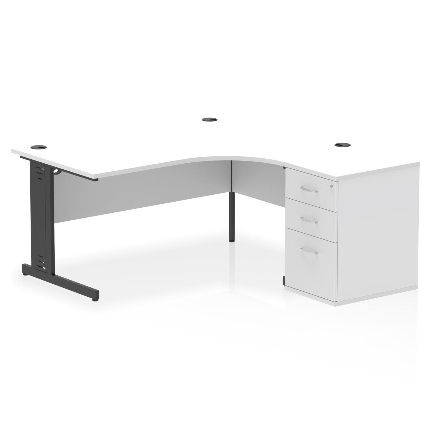 Impulse 1600mm Right Crescent Office Desk White Top Black Cable Managed Leg Workstation 600 Deep Desk High Pedestal