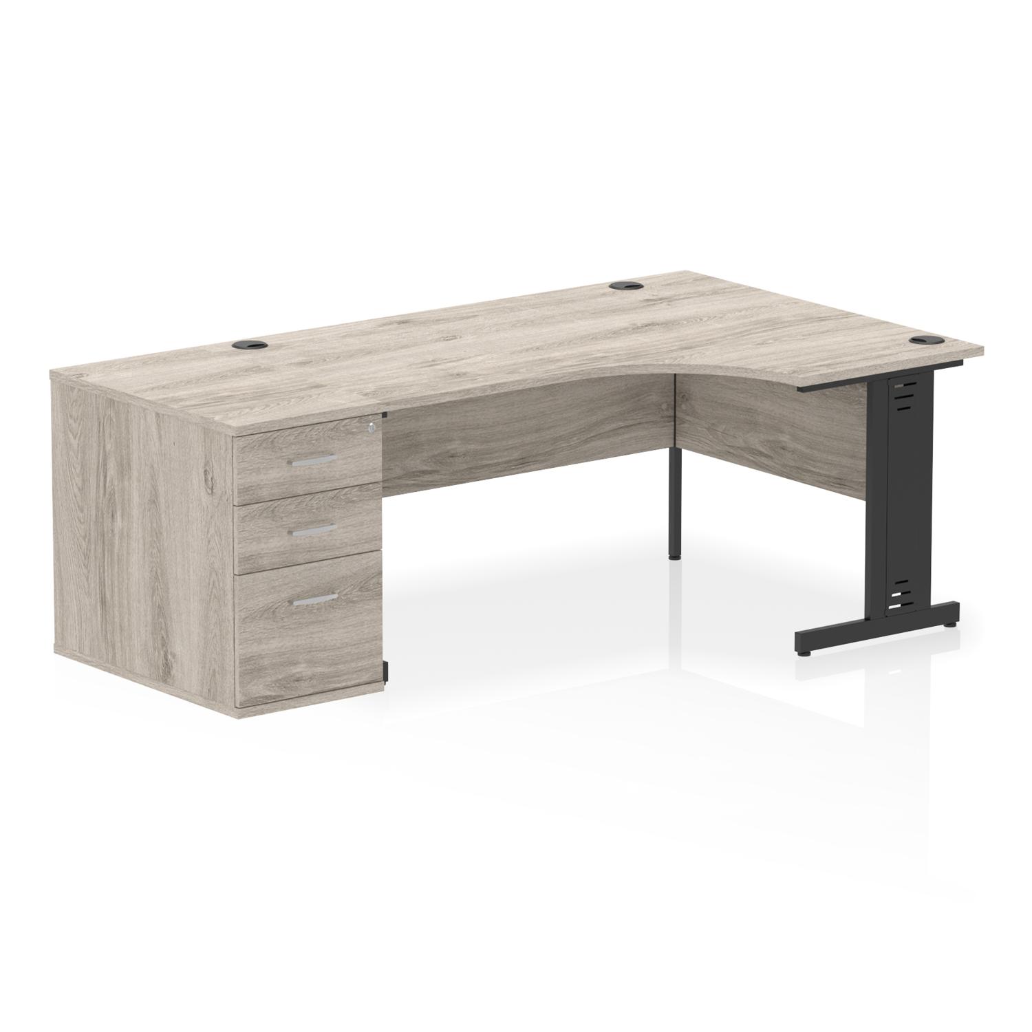 Impulse 1600mm Right Crescent Office Desk Grey Oak Top Black Cable Managed Leg Workstation 800 Deep Desk High Pedestal