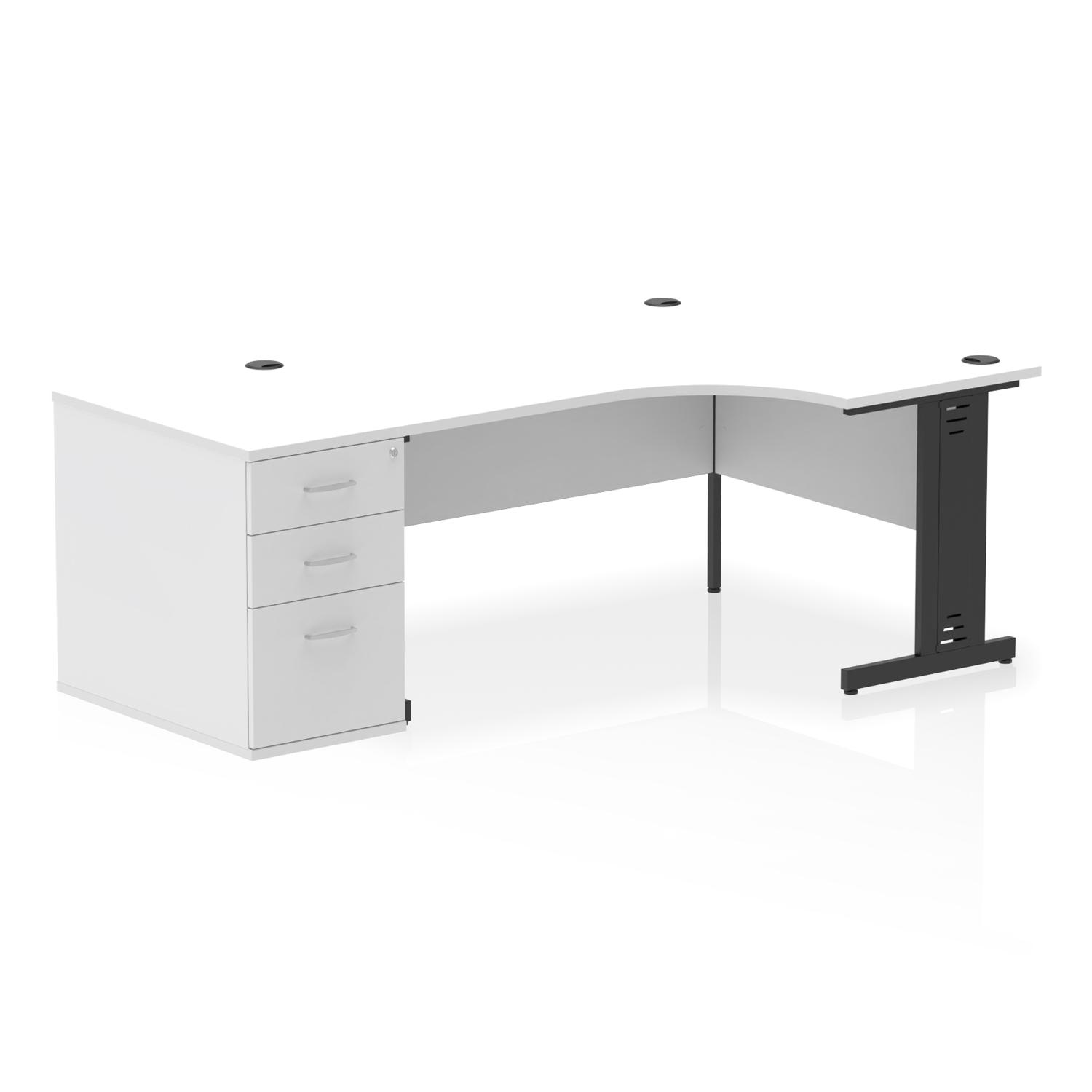 Impulse 1600mm Right Crescent Office Desk White Top Black Cable Managed Leg Workstation 800 Deep Desk High Pedestal